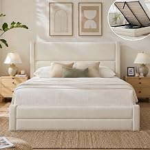 VELOCAVA Full Size Lift Up Storage Bed Frame, Velvet-Look Upholstered Platform Bed with Clean-Lined Headboard, Hydraulic Lift, No Box Spring Needed, Cream White