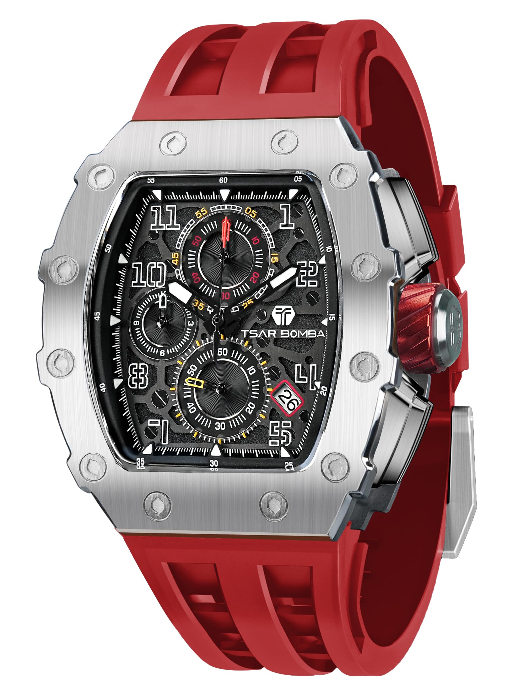 TSAR BOMBA Watches For Men - Chronograph Japanese Movement Sapphire Glass - 50M Waterproof Men's Watch - Square Tonneau Wrist Watches Silicone Band Luminous Calendar Luxury Gifts for Men