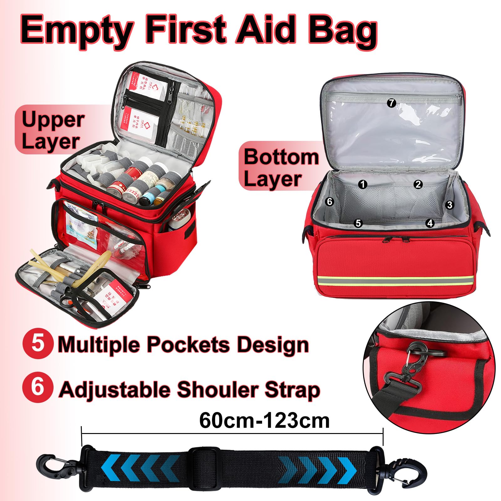 Trousse de Secours Vide, Trousse Infirmiere Pharmacie Voyage, Sac de Rangement de Médecine Portable avec Bandoulière, Double Couche, pour Maison Bureau voiture Camping et Randonnée