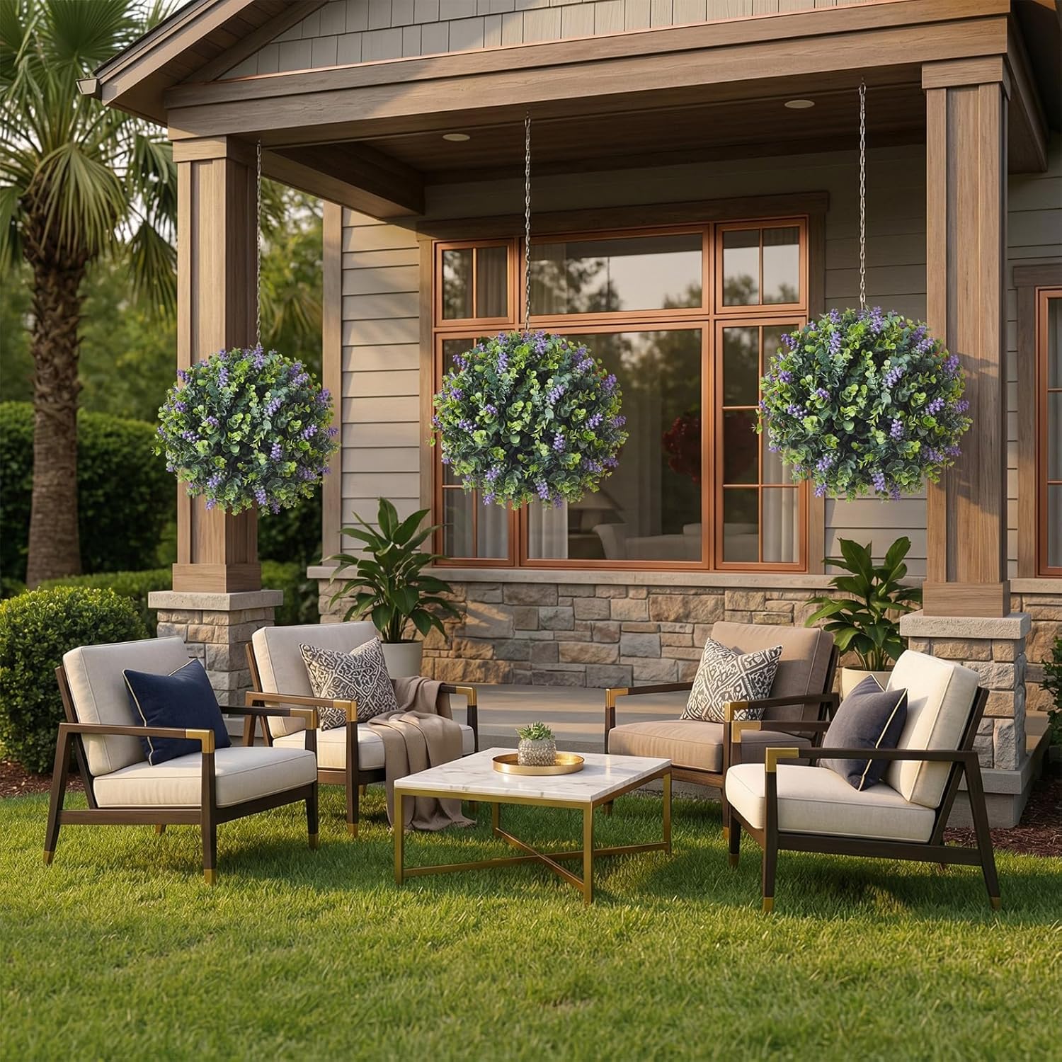 Yunlly 2 Set Artificial Boxwood Topiary Ball Tree with Flower, 23.6 UV Resistant No Fade Outdoor Faux Plant Bushes with Ground Spike Faux Greenery Shrub for Garden Porch Yard Patio Decor(Purple)