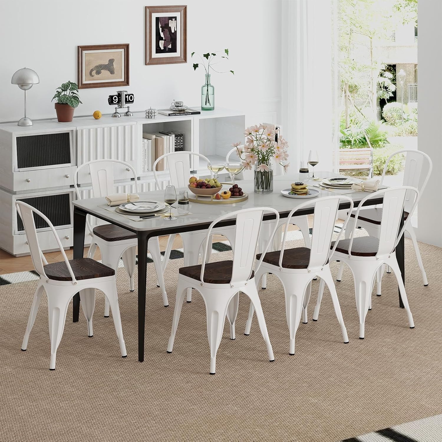 DORTALA Vintage Metal Dining Chairs, Industrial Stackable Cafe Side Chair with Wood Seat & Backrest for Bistro, Kitchen, Set of 4, White