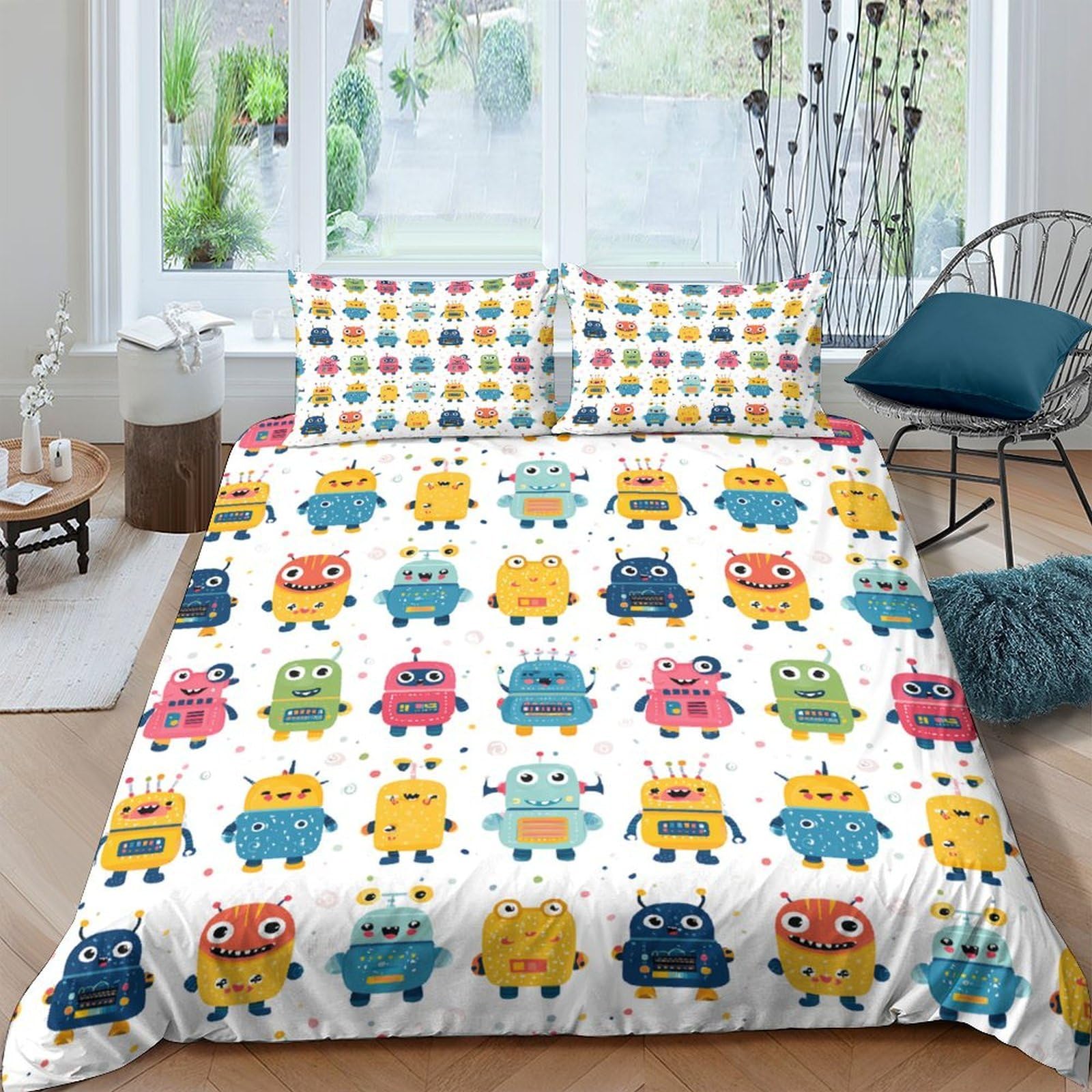 GPLZQXKJNH 3D Printed Cartoon Robot Duvet Cover Set Microfiber Soft Breathable Colourful Quilt Cover with 2 Pillowcases for Bedroom Decor Single（135x200cm）