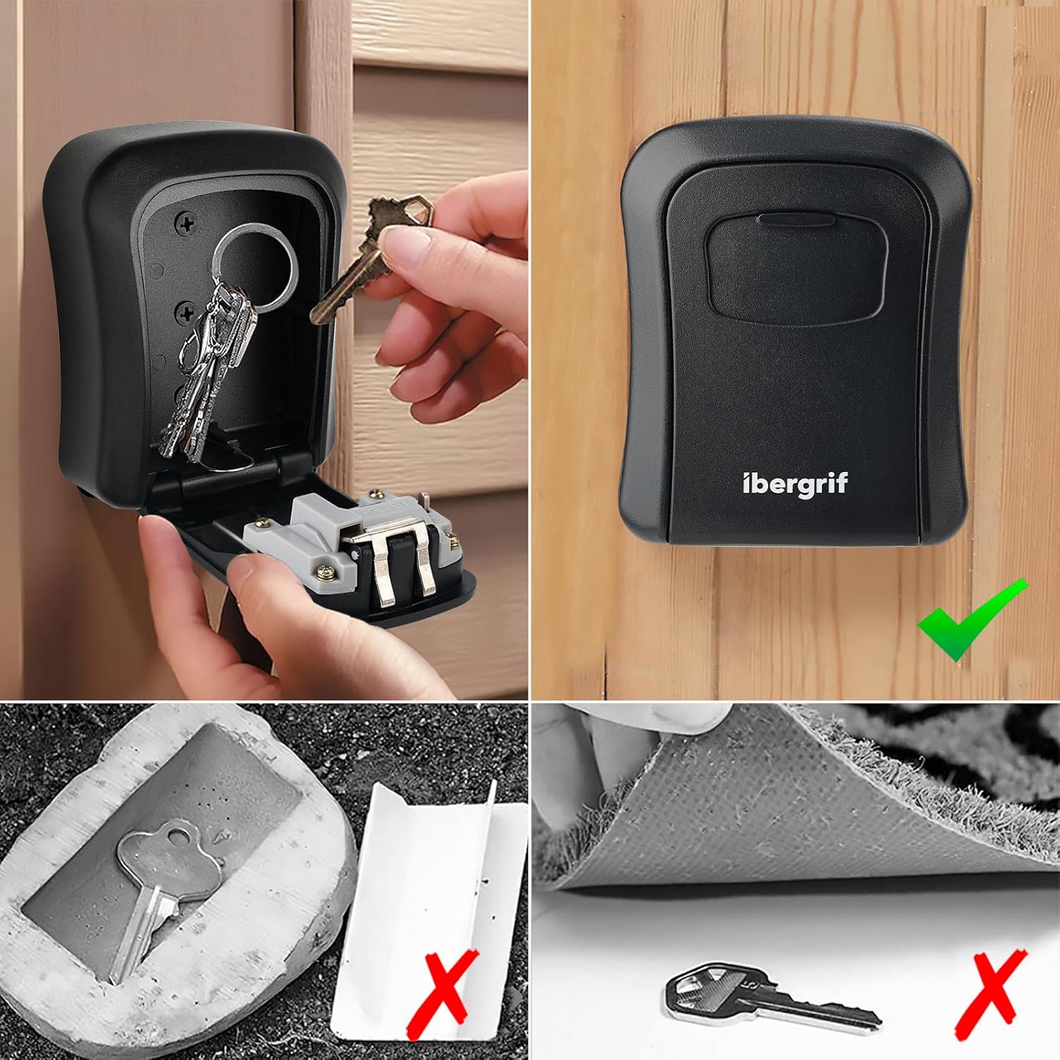 Comparison of key storage methods: Ibergrif key box (correct) versus hiding keys under a rock or doormat (incorrect).