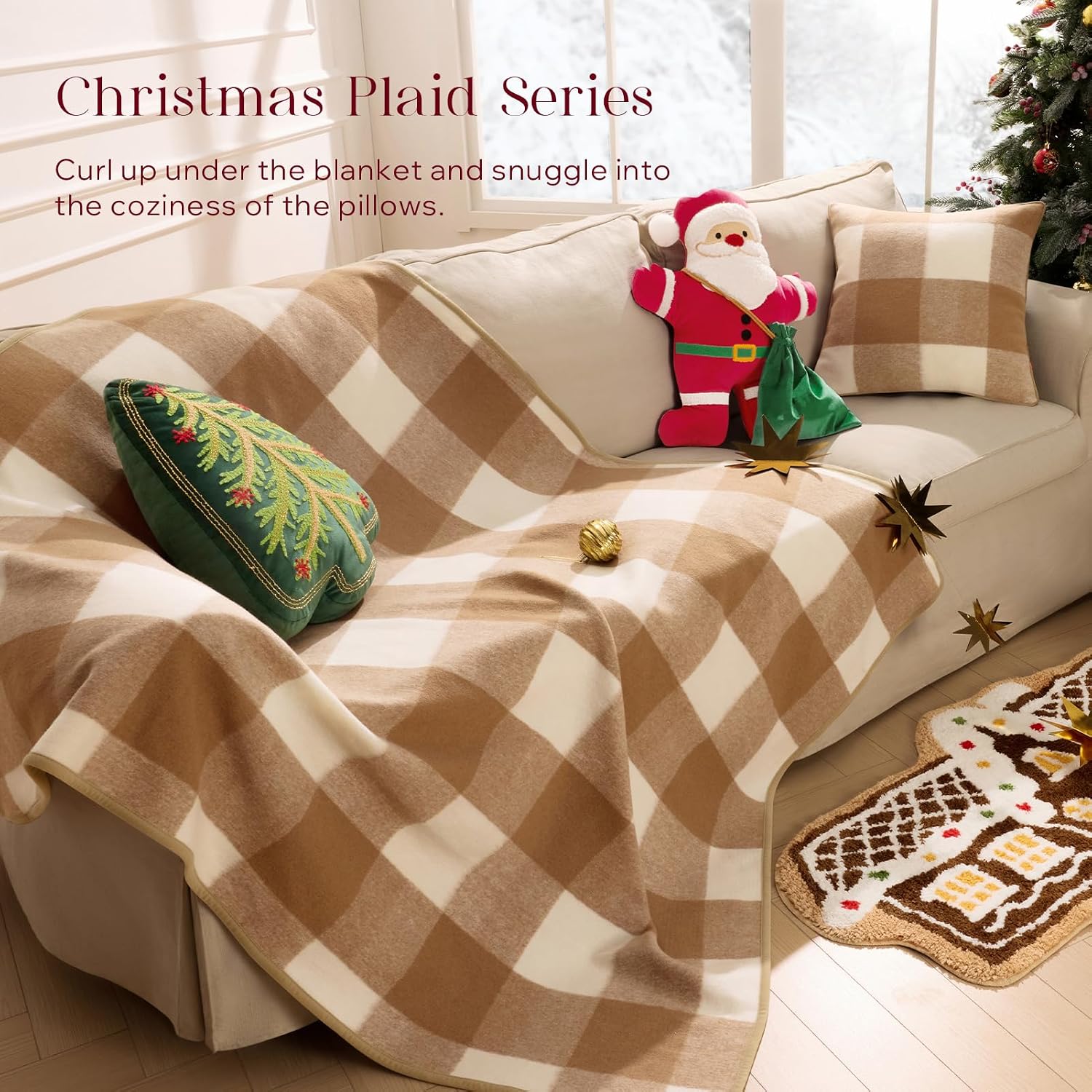 Phantoscope Christmas Throw Blanket, Premium Faux Wool Buffalo Check Blanket with Locking Edge Warp-Knitted Christmas Plaid Blanket Decorative Throw for Couch, Beige, 50×60 inches