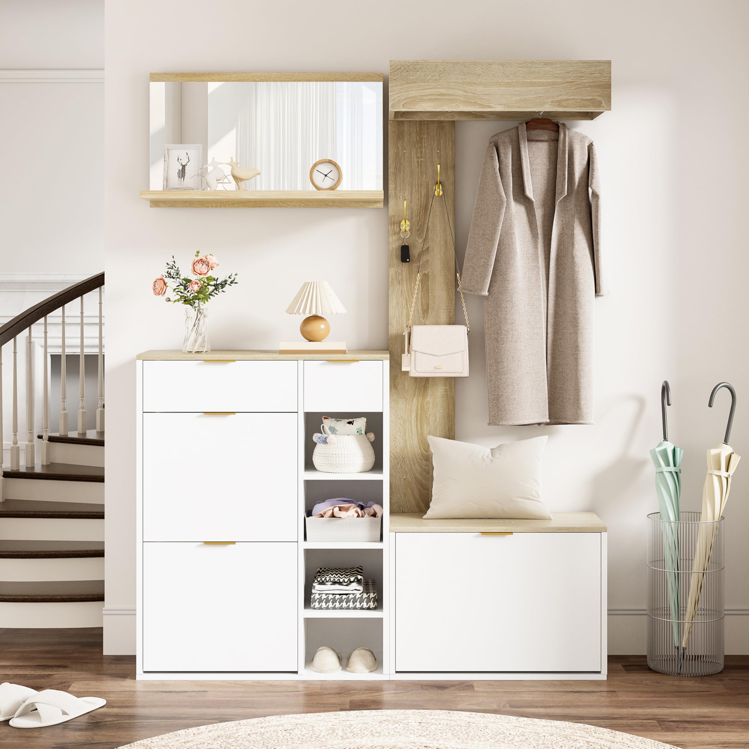 Merax Garderobenset 4-teilig, Garderoben-Komplettprogramm mit Schuhschrank, Sitzbank, Wandspiegel & Wandpaneel mit Ablage, Moderne Flurmöbel für Flur & Diele, 130x30x174 cm, Natur & Weiß
