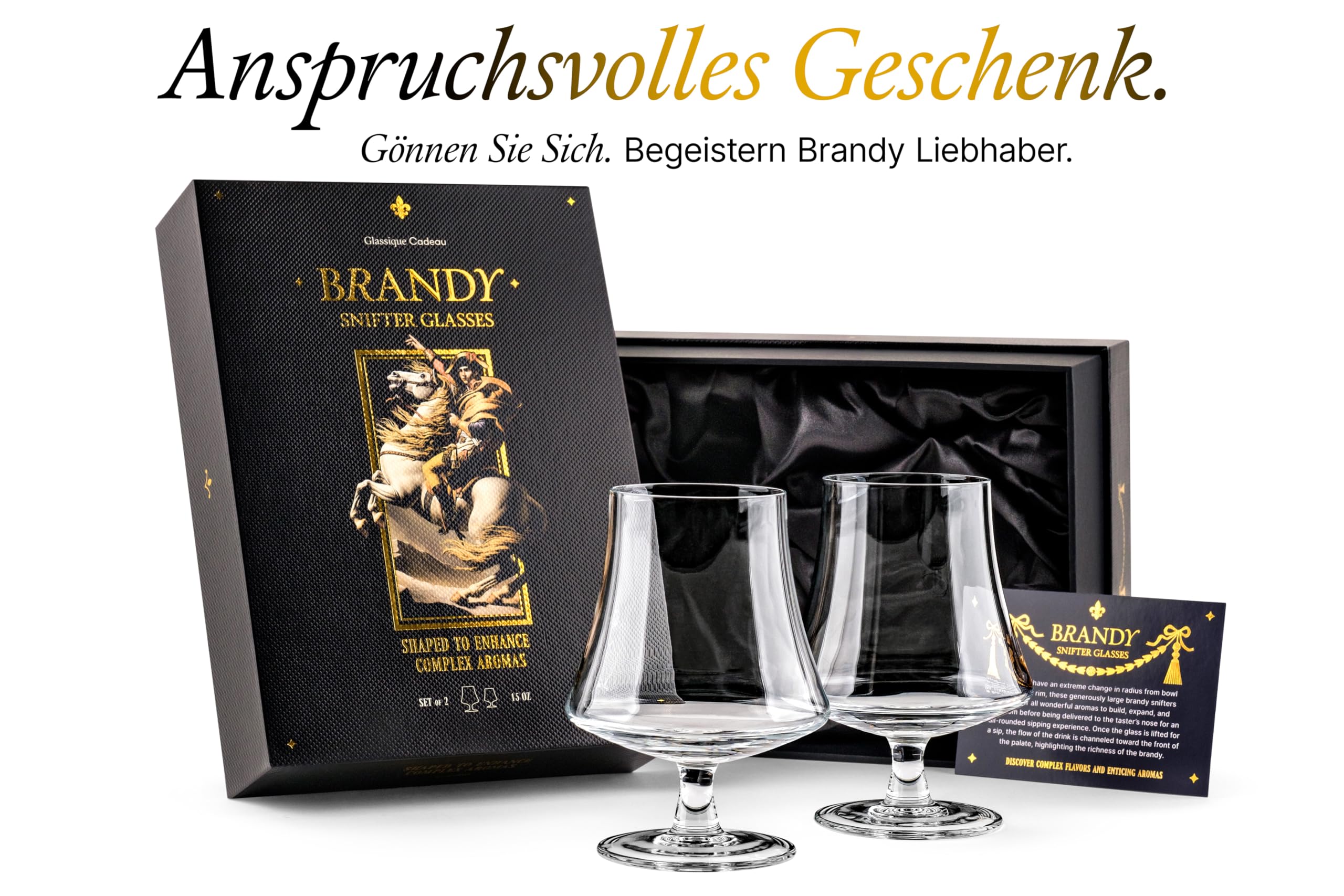 GLASSIQUE CADEAU 440 ml Brandy, Cognac und Armagnac Gläser | 2er Set | Kristall Spülmaschinenfest Cognacschwenker mit Kurzem Stiel | Cognacgläser Geschenkset