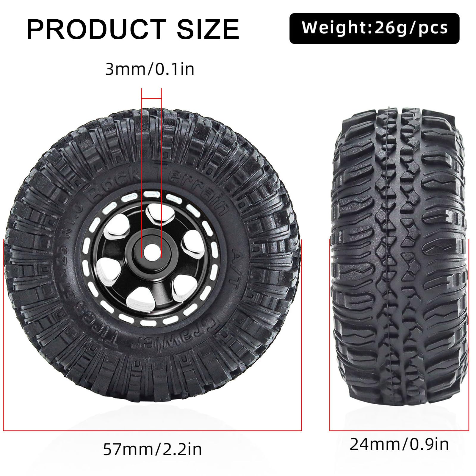 1.0 Beadlock Wheels and Tires Set 57 x 24 mm 1.0 inch Rubber Rock Crawler Tires & Alloy Blade Wheels for 1/18 1/24 Axial SCX24 TRX4M Gladiator Bronco C10 JLU Deadbolt RC Crawler Car Upgrade(Black) - Image 2
