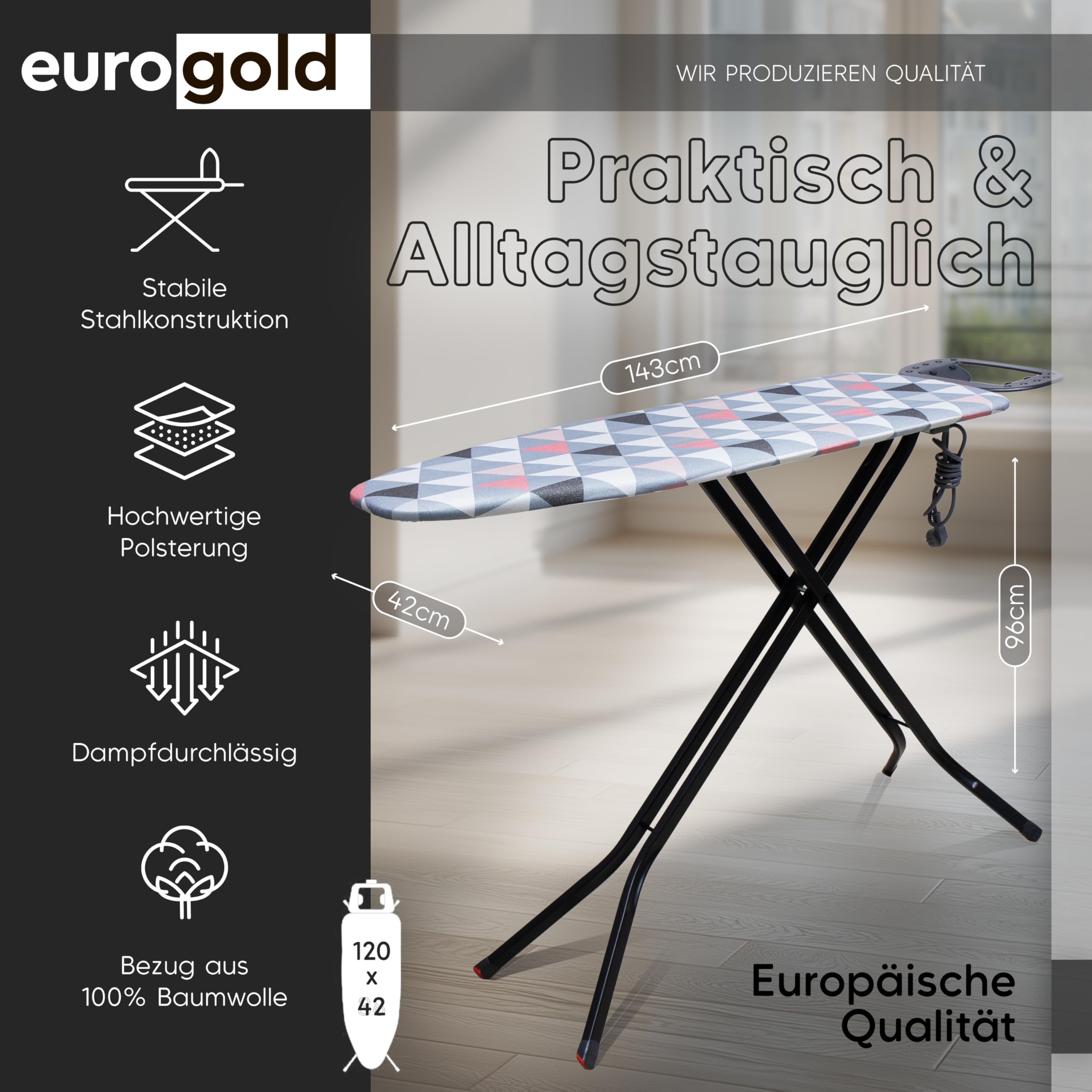 EUROGOLD® Bügelbrett mit Steckdose 120x42 cm, Nicht für Dampfbügelstation | Stabiler Bügeltisch höhenverstellbar, für zeitsparendes Bügeln, Ironing Board für Dampfbügeleisen, Made in Europe