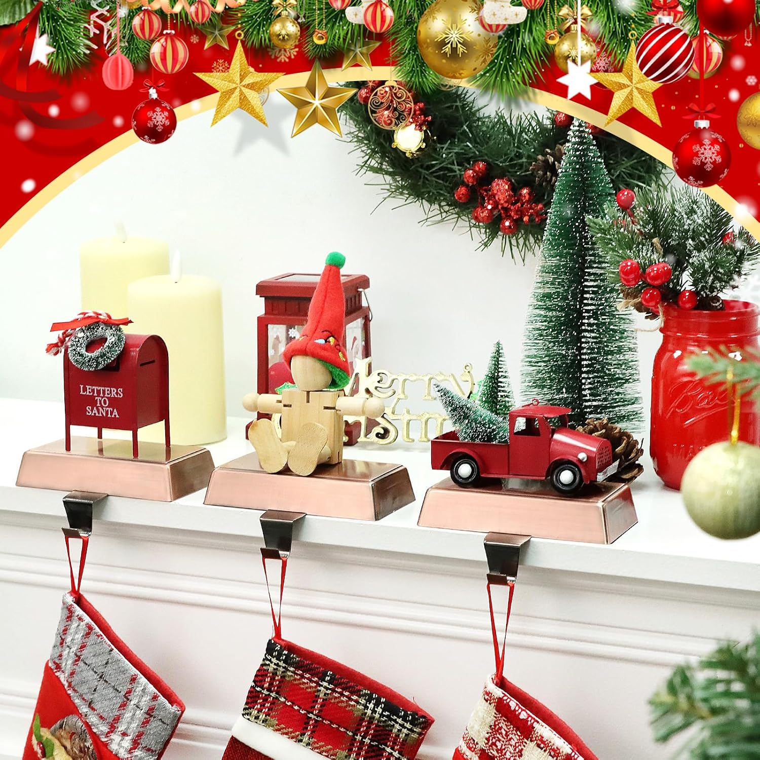 Hooqict 3 Pack Christmas Stocking Holders for Mantel Heavy Duty Christmas Stocking Hangers Metal Stocking Holder Weighted Hanging Hook for Xmas Fireplace Tabletop Shelf Decorations, Bronze