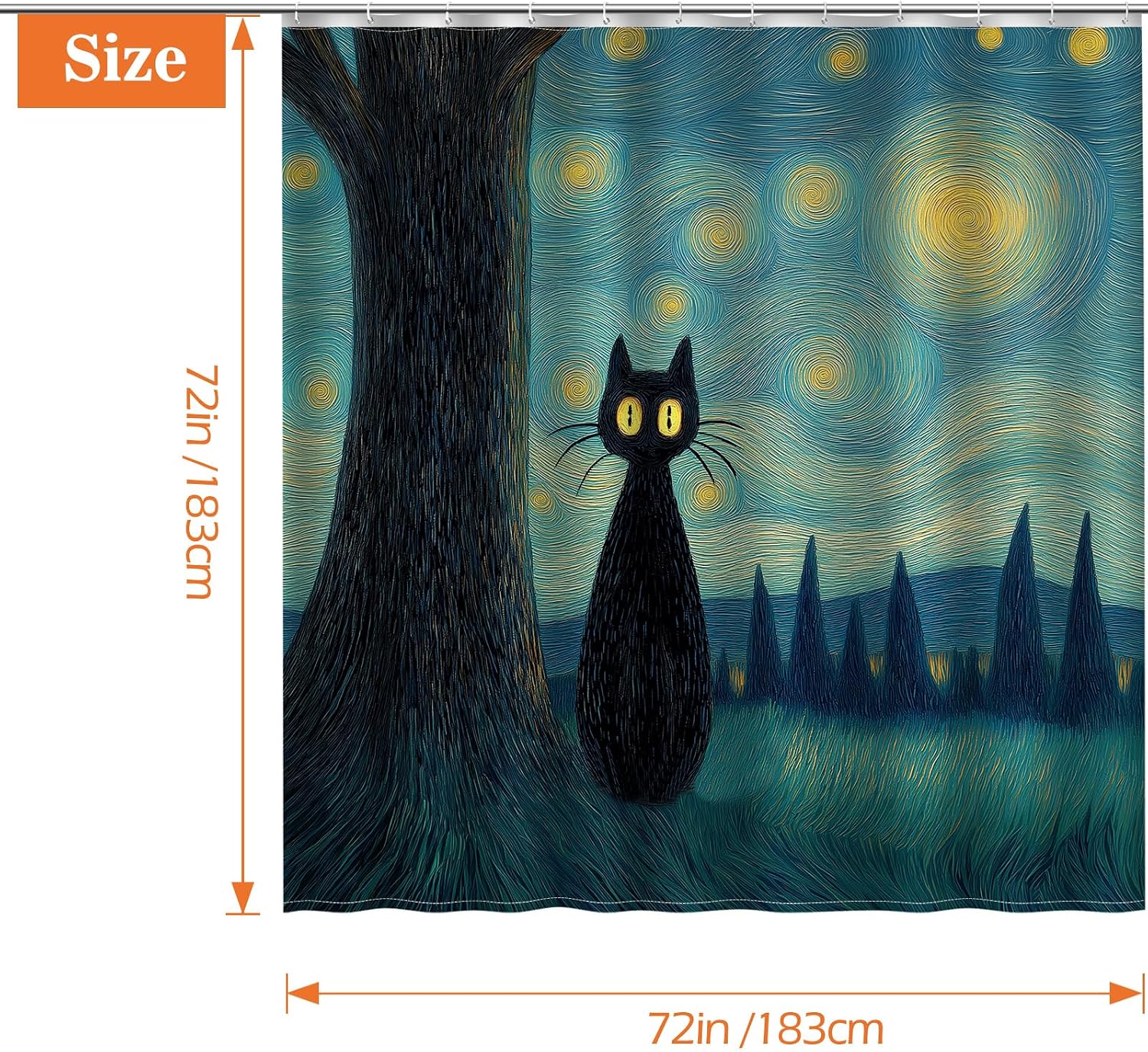 Funny Black Cat Starry Night Shower Curtain Sitting Cats Art Van Gogh Style Painting Funky Retro Mid-Century Modern Bathroom Decor Bathtub Curtain Fabric Shower Curtain Set with 12 Hooks, 72"x72" image 5