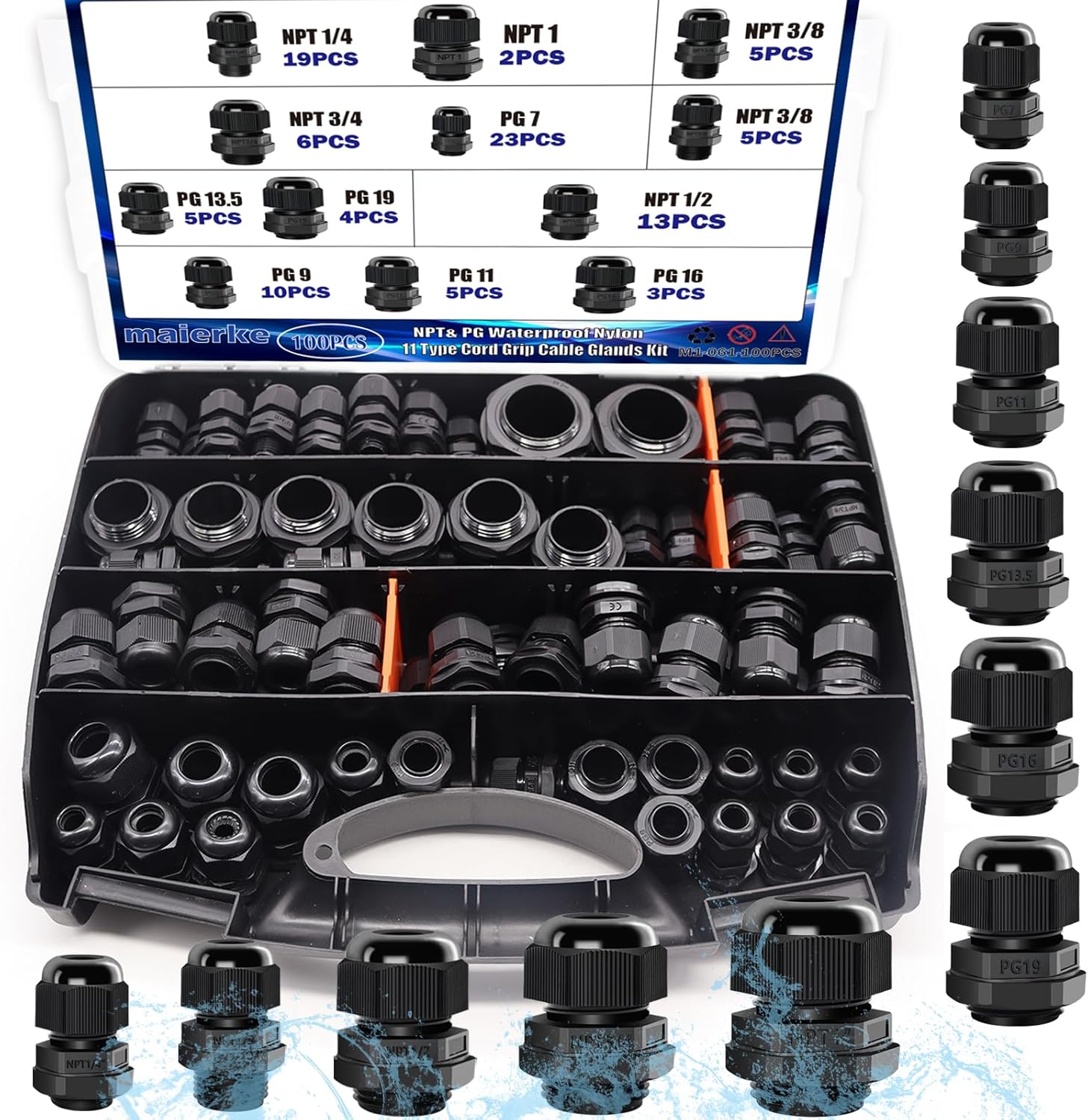 100PCS IP68 Waterproof Cable Gland Kit,Nylon Cable Glands Assortment Adjustable NPT 1/4” 3/8” 1/2” 3/4” 1” PG7 PG9 PG11 PG13.5 PG16 PG19 with Gasket for Waterproof Junction Box Wire Connect