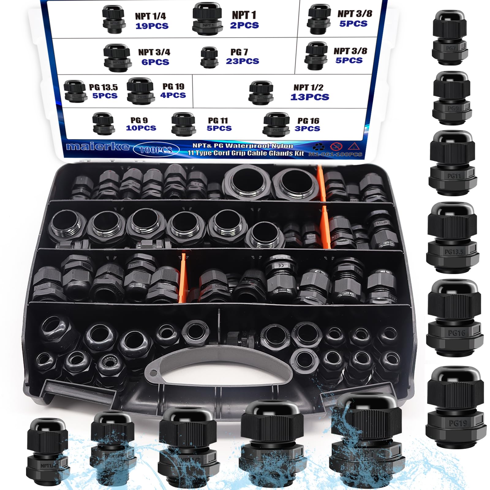 100PCS IP68 Waterproof Cable Gland Kit,Nylon Cable Glands Assortment Adjustable NPT 1/4” 3/8” 1/2” 3/4” 1” PG7 PG9 PG11 PG13.5 PG16 PG19 with Gasket for Waterproof Junction Box Wire Connect
