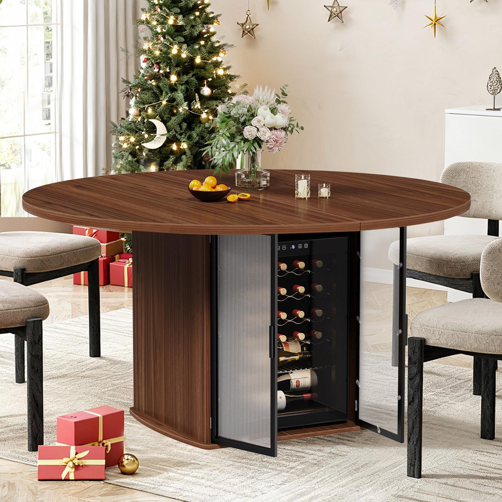 IBF Round Dining Table with Storage for 4 to 6, 47" Circle Kitchen Table with Fridge Space, Wood Dining Room Tables with Adjustable Shelf, Circular Dinner Tables for Home Kitchen, Walnut (Only Table)