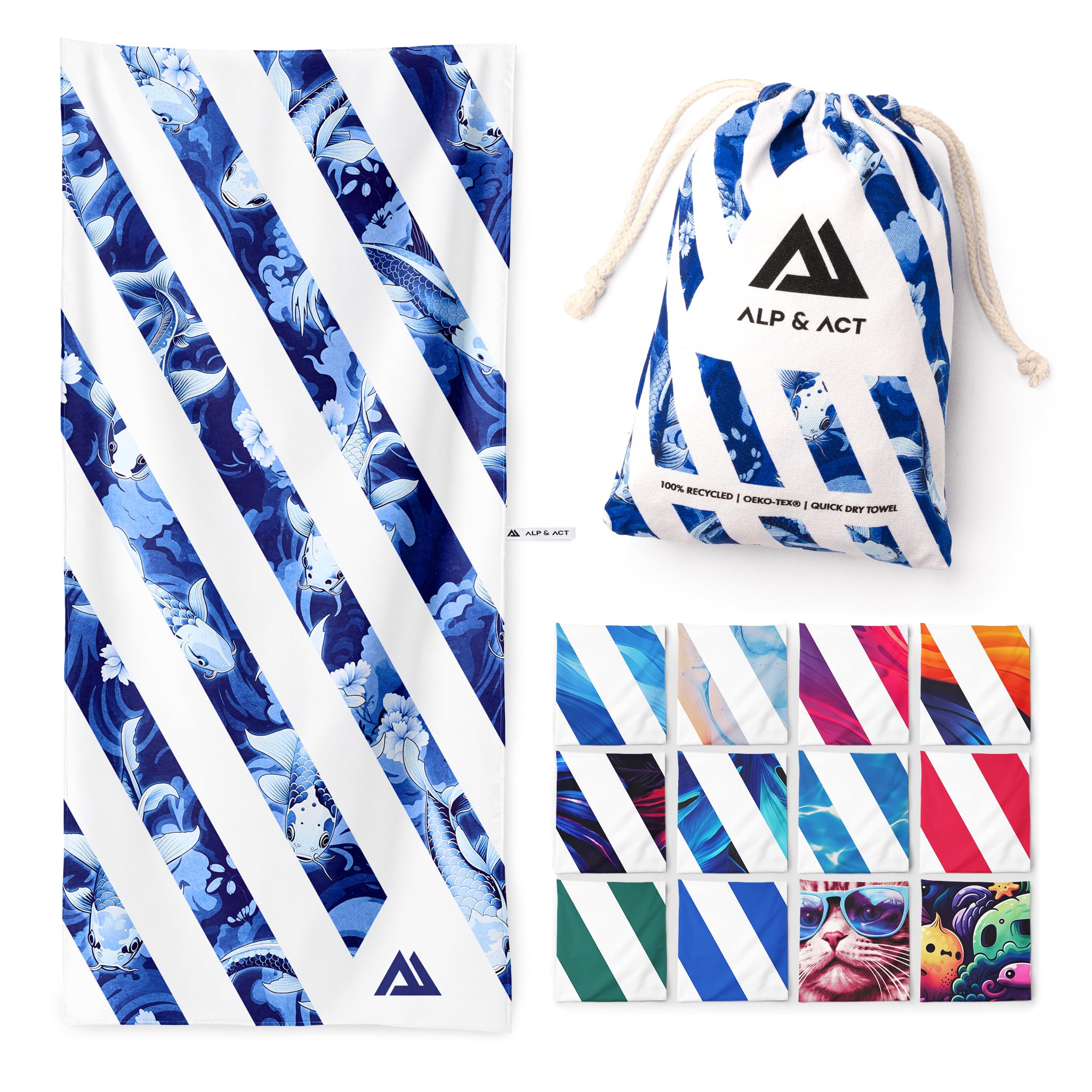 ALP & ACT Strandtuch XXL 200x90 cm - 100% recycelte Mikrofaser - EXTRA LEICHT & schnelltrocknend - großes Microfaser Handtuch für Urlaub & Strand - Badetuch inkl. Baumwollbeutel - blau