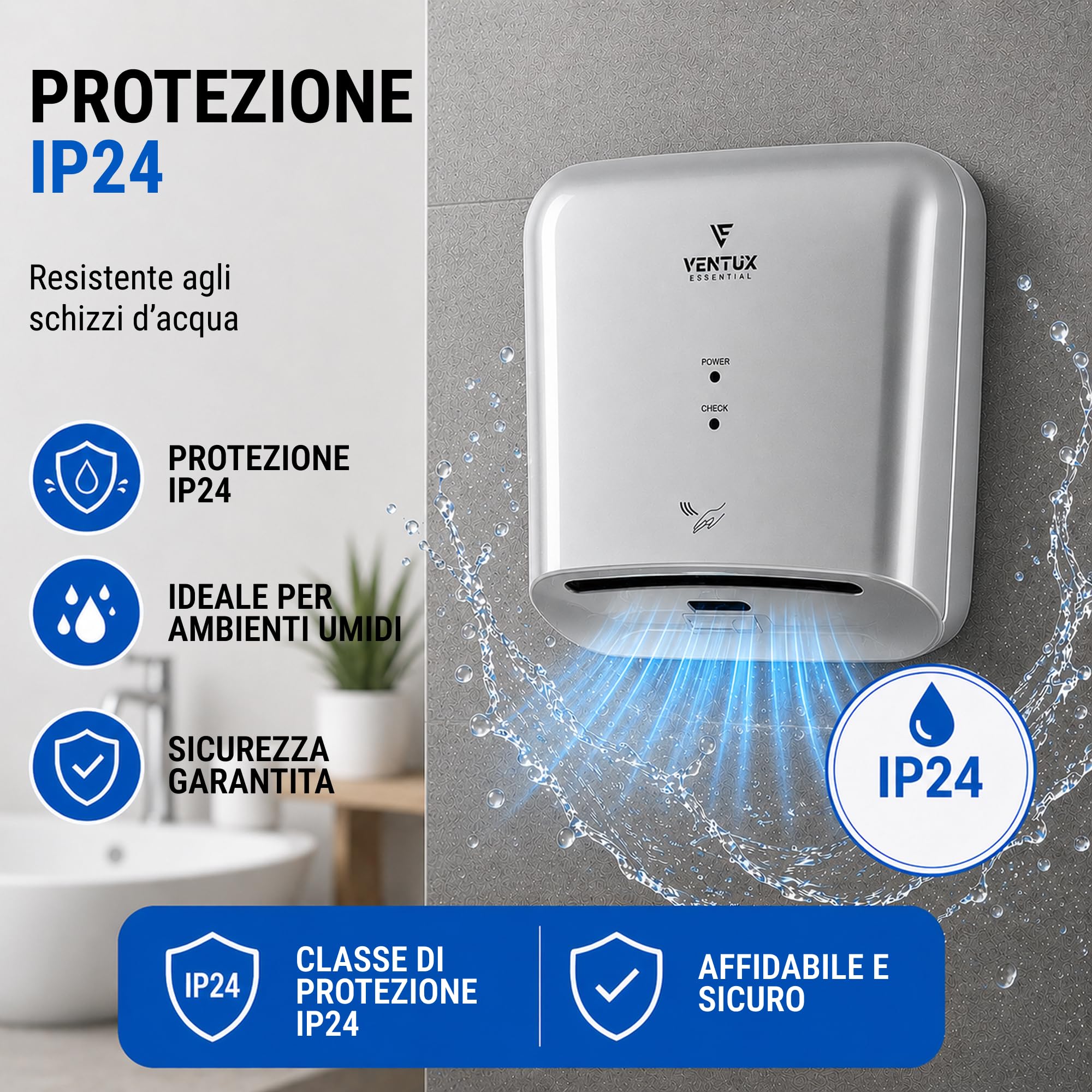 Sèche-mains électrique blanc mural – automatique à photocellule IP24 | Démarre seul par cellule – Plus de papier à jeter – Sanitaires publics et bureaux