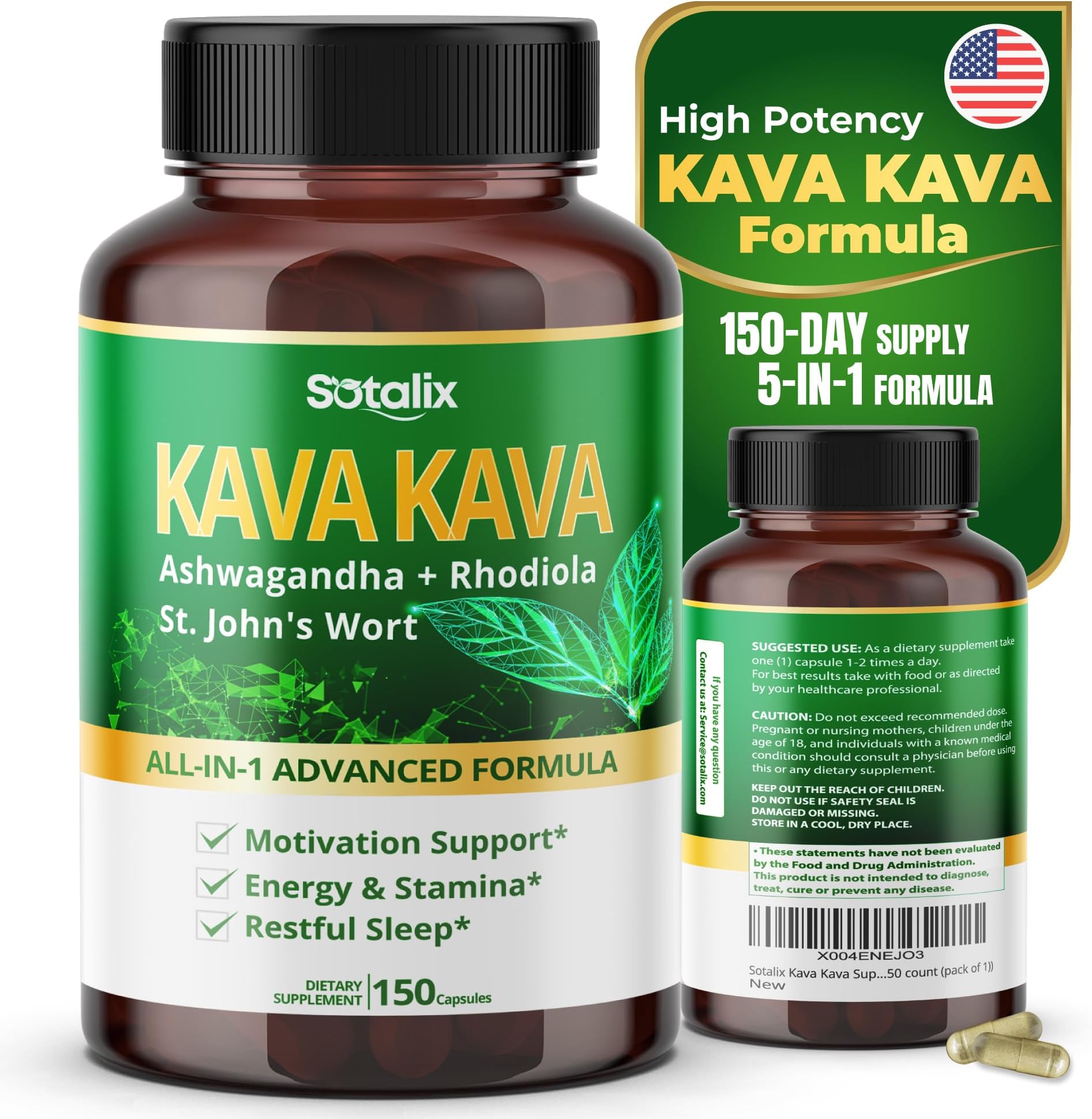 Sotalix Kava Kava Supplement with Ashwagandha Rhodiola St. John's Wort for Mood, Energy & Calming Support (150 Count (Pack of 1))