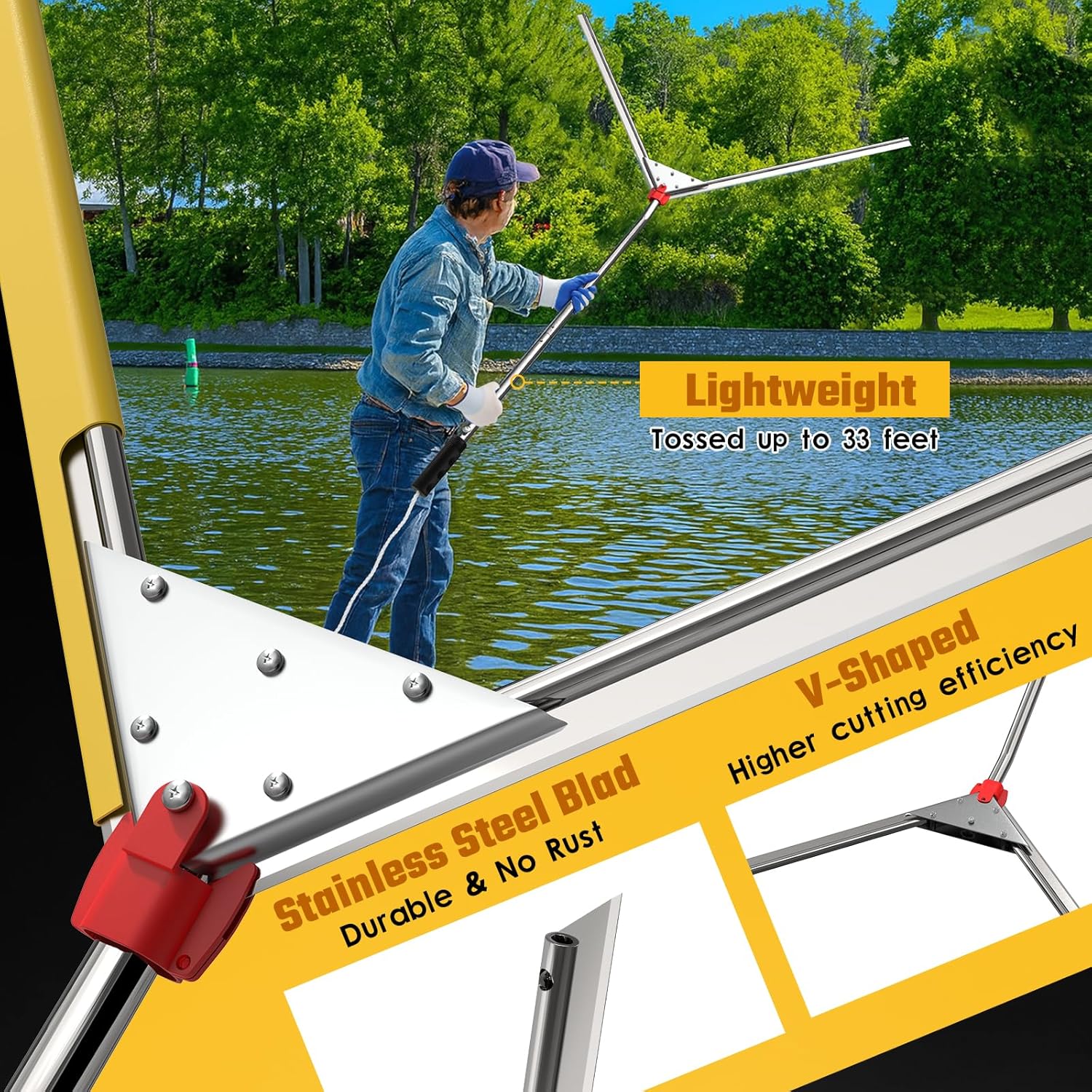 Buzzlett Lake Weed Cutter, 48-Inch Cutting Width, Aquatic Cutting Tool for Lakes & Ponds, Sharp Stainless Steel Blades, Rust-Proof, 28-Foot Throw Rope, Cuts Lily Pads, Algae & Reed