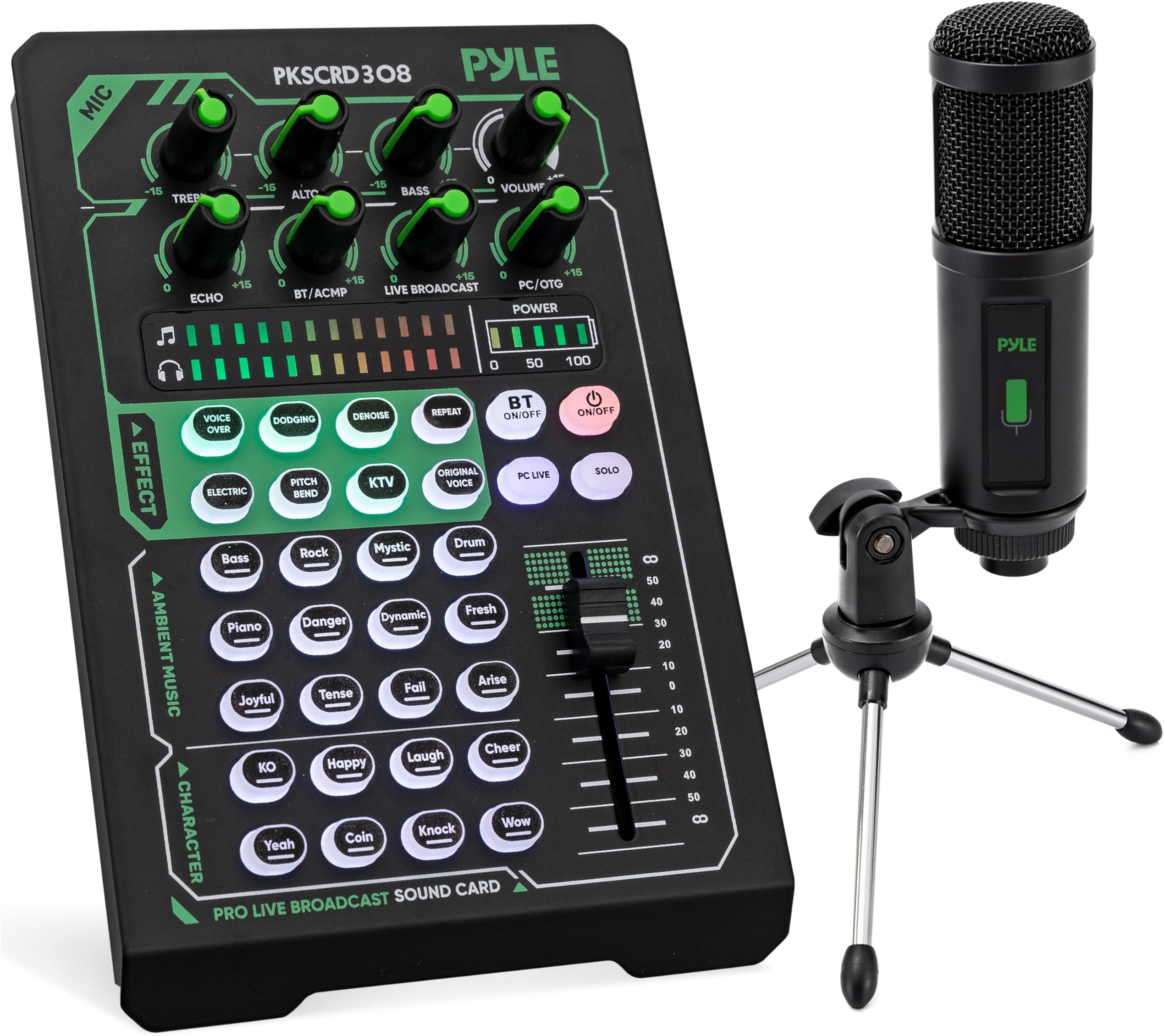 Pyle Portable Bluetooth Live Broadcast Sound Card Pro Audio Interface DJ mixer Condenser w/Microphone Set, for Streaming Podcasts Studio, Recording PC, Gaming, Phone, w/FX, Ambient Sounds