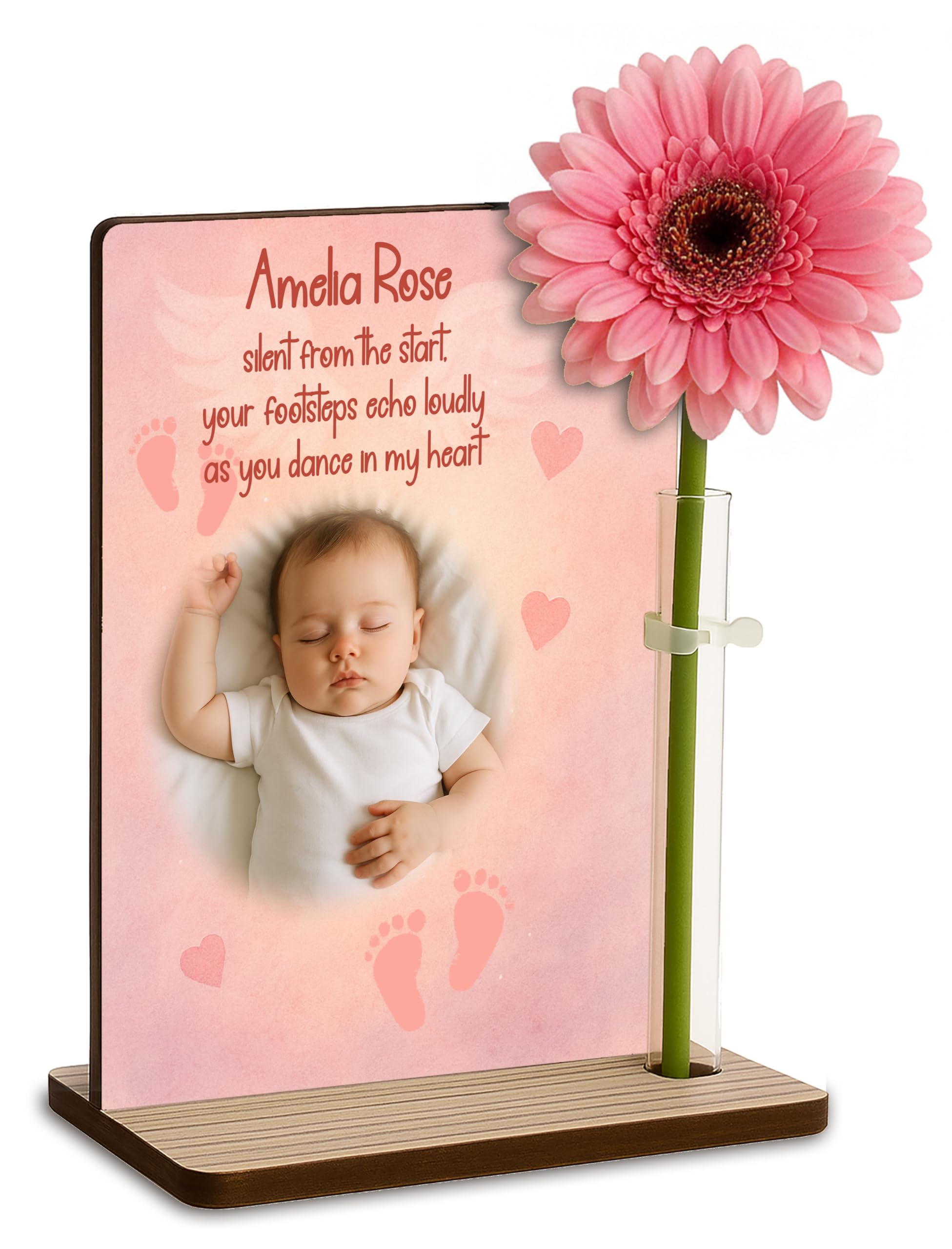 The Plum Penguin Baby Steps Echo (Pink) Personalised Baby Loss Memorial Wooden Plaque With Artificial Flower Miscarriage Remembrance Angel Keepsake Ornament Gift (Baby Steps Echo (Pink))