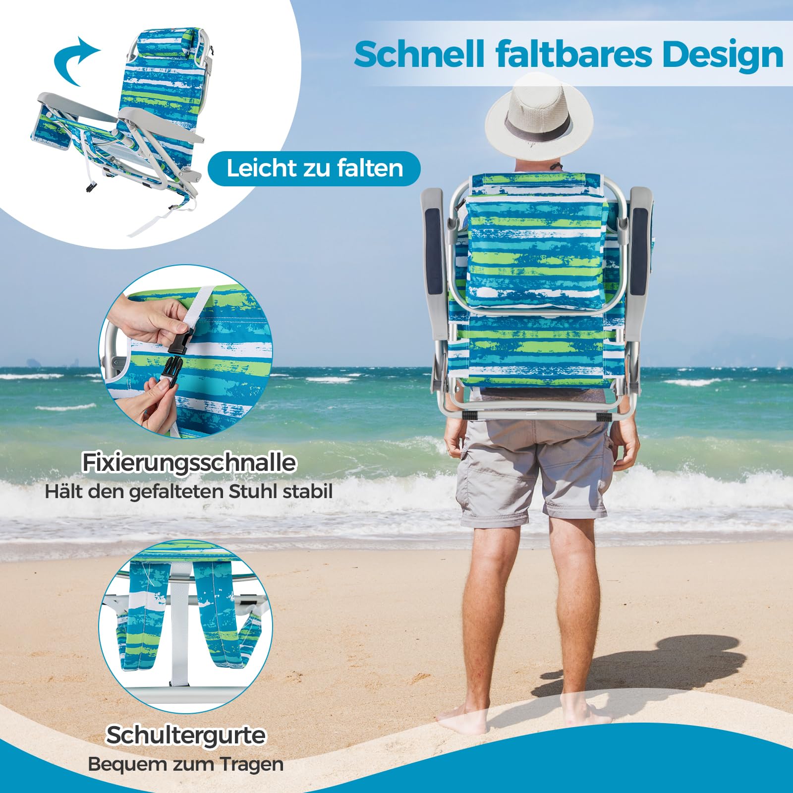 GOPLUS Strandstuhl klappbar leicht, Campingstuhl Outdoor Aluminium mit 5-Fach Verstellbarer Rückenlehne, bis 150kg belastbar, Klappstuhl Faltstuhl rutschfest mit Kissen Schultergurten (Grün,1)