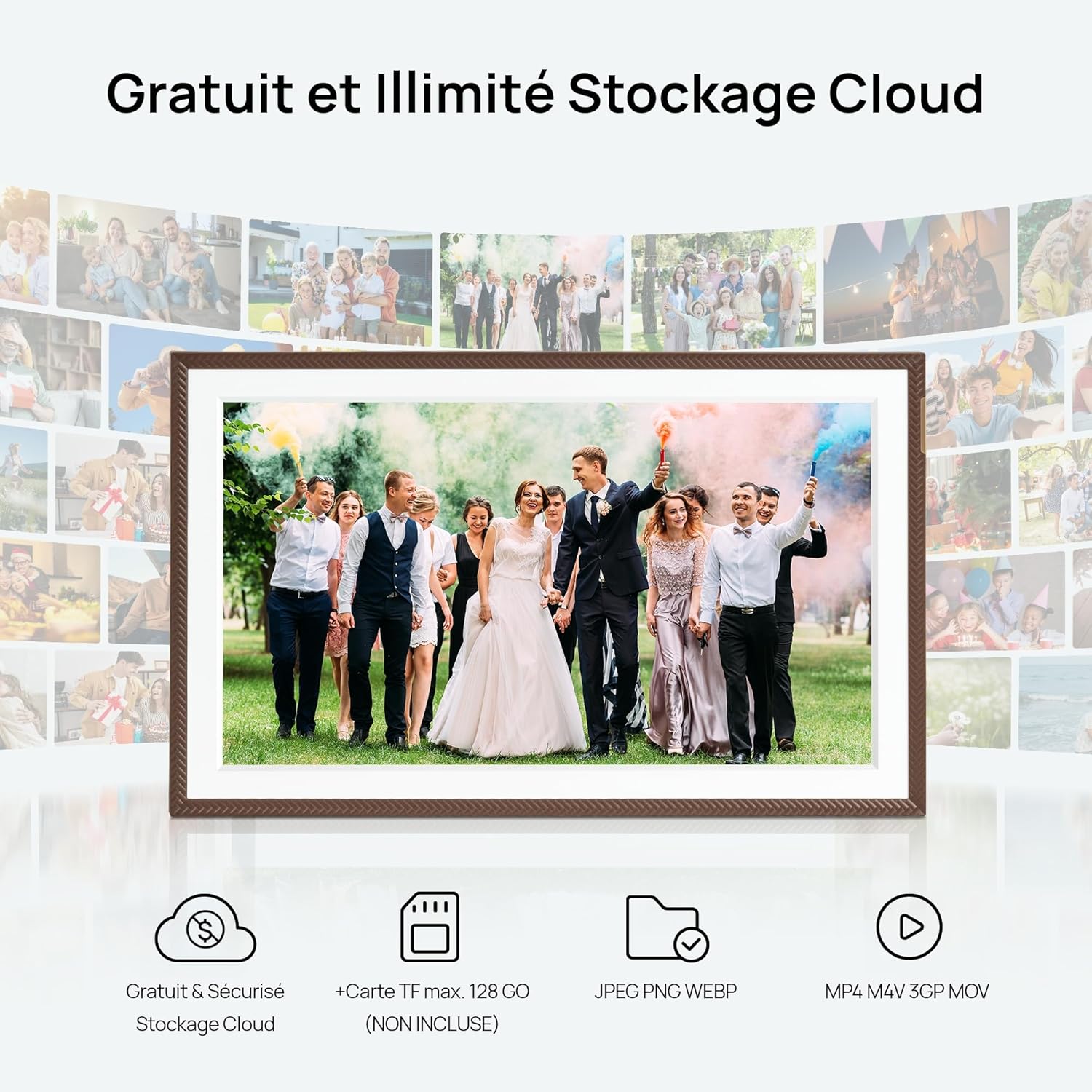 Hinteren view of the ARZOPA D15 Digital Photo Frame showing ports for power, USB, and Micro SD card slot.