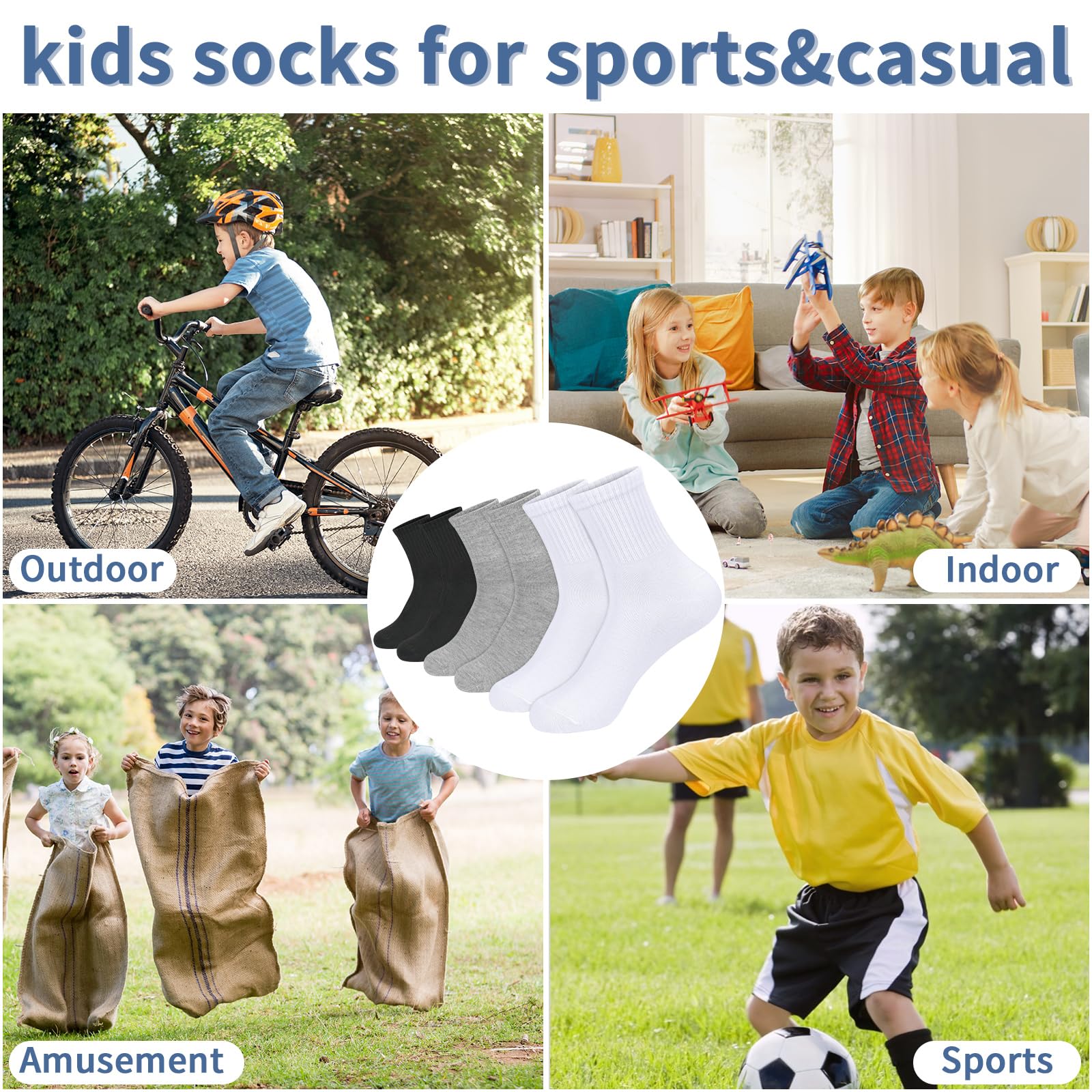 KOOOGEAR Calcetines de algodón para niños y niñas, calcetines deportivos lisos para el regreso a clases, color blanco, negro, gris, transpirable, de algodón, para la escuela, de 3 a 12 años