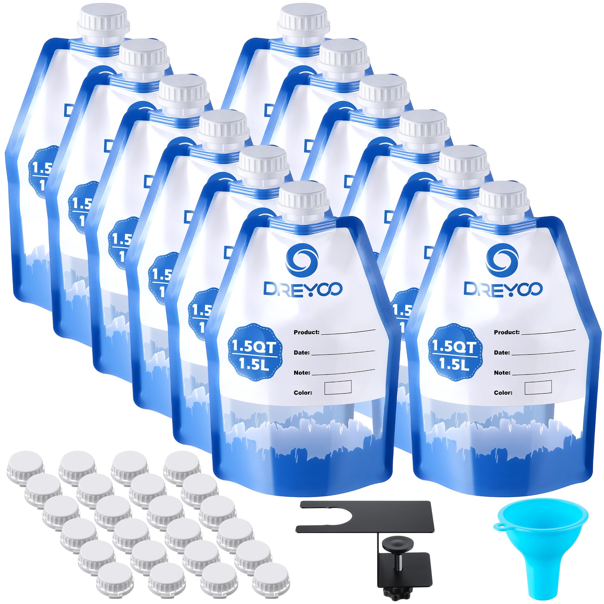 Dreyoo 12 Pack Paint Storage Bags with Funnel and Filler Clip, 1.5L Reusable Storage Bags for Leftover Water Based Paint, Airtight Clear Pouches Containers, for Home DIY Professional Painters