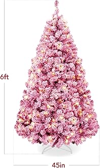 Best Choice Products 6ft Pre-Lit Pink Christmas Tree, Artificial Snow Flocked Full Fir Tree, Holiday Decoration w/ 250 Lights, 928 Branch Tips, Foldable Metal Base