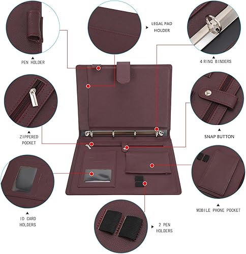 Miniatura 5 de Wonderpool Funda A4 de piel sintética con 4 anillas, portapapeles y bolsillo funcional para organizador, oficina, viajes, escuela (café)