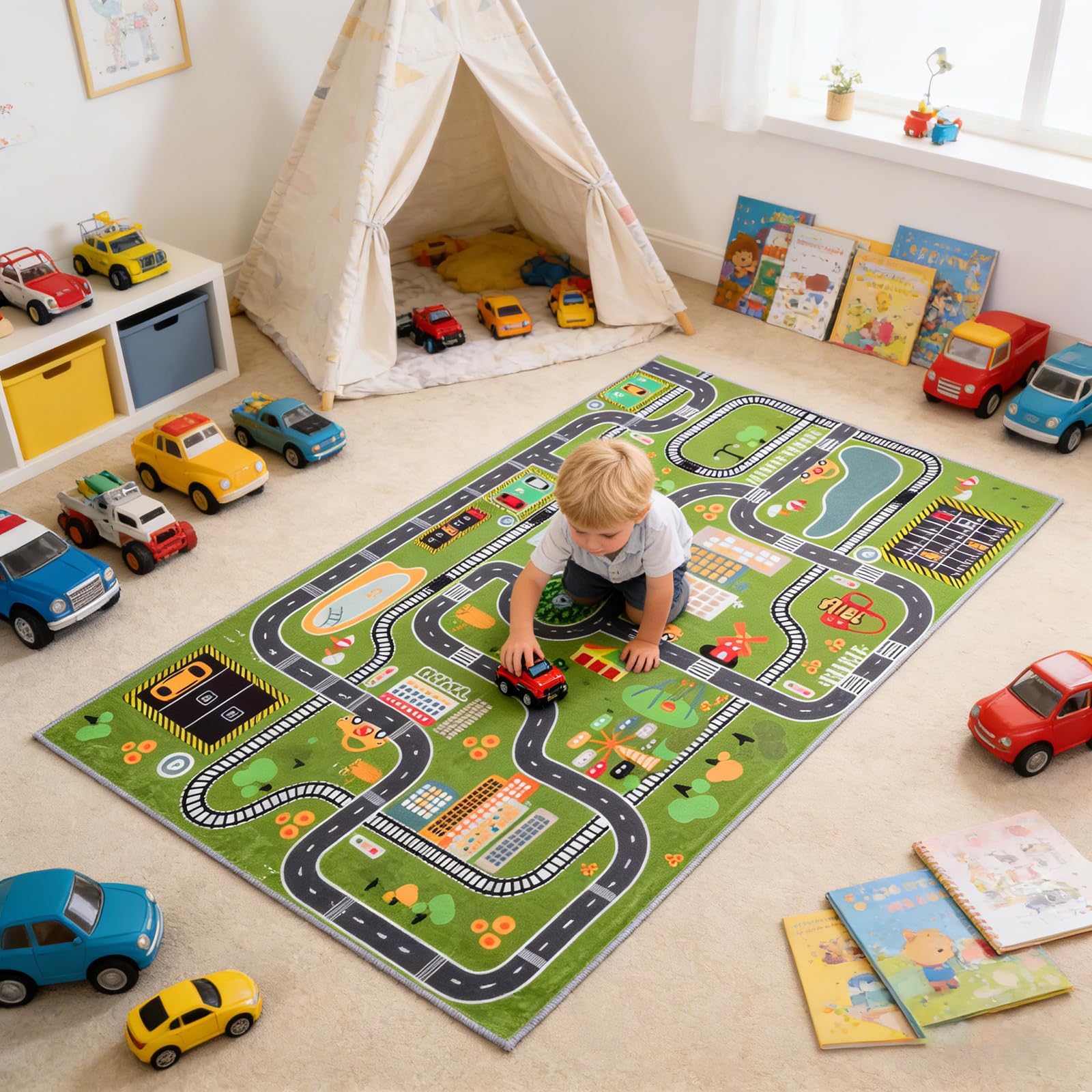 Tapis de Jeu éducatif Plan de Ville, Tapis de Sol épais et rembourré pour Chambre de garçon, Tapis d'apprentissage interactif avec stationnement et Panneaux de signalisation
