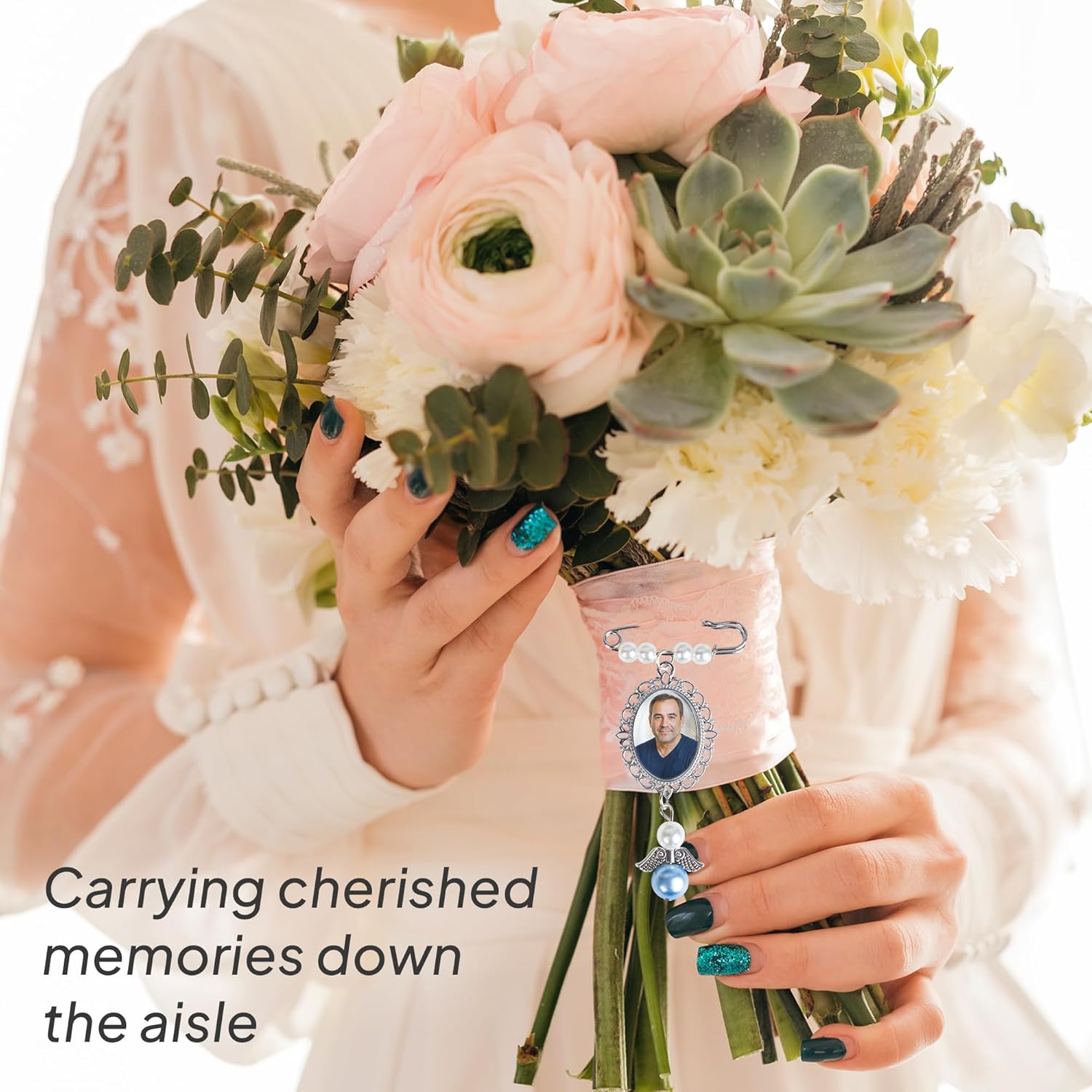 Wedding Bouquet Photo Charms, Something Blue Gift For Bride, Memorial Pin For Wedding Groom, Remembrance Gift From Deceased Mom Or Dad, DIY Bridal Pin With Guardian Angel Memory Charm And Picture - Image 3