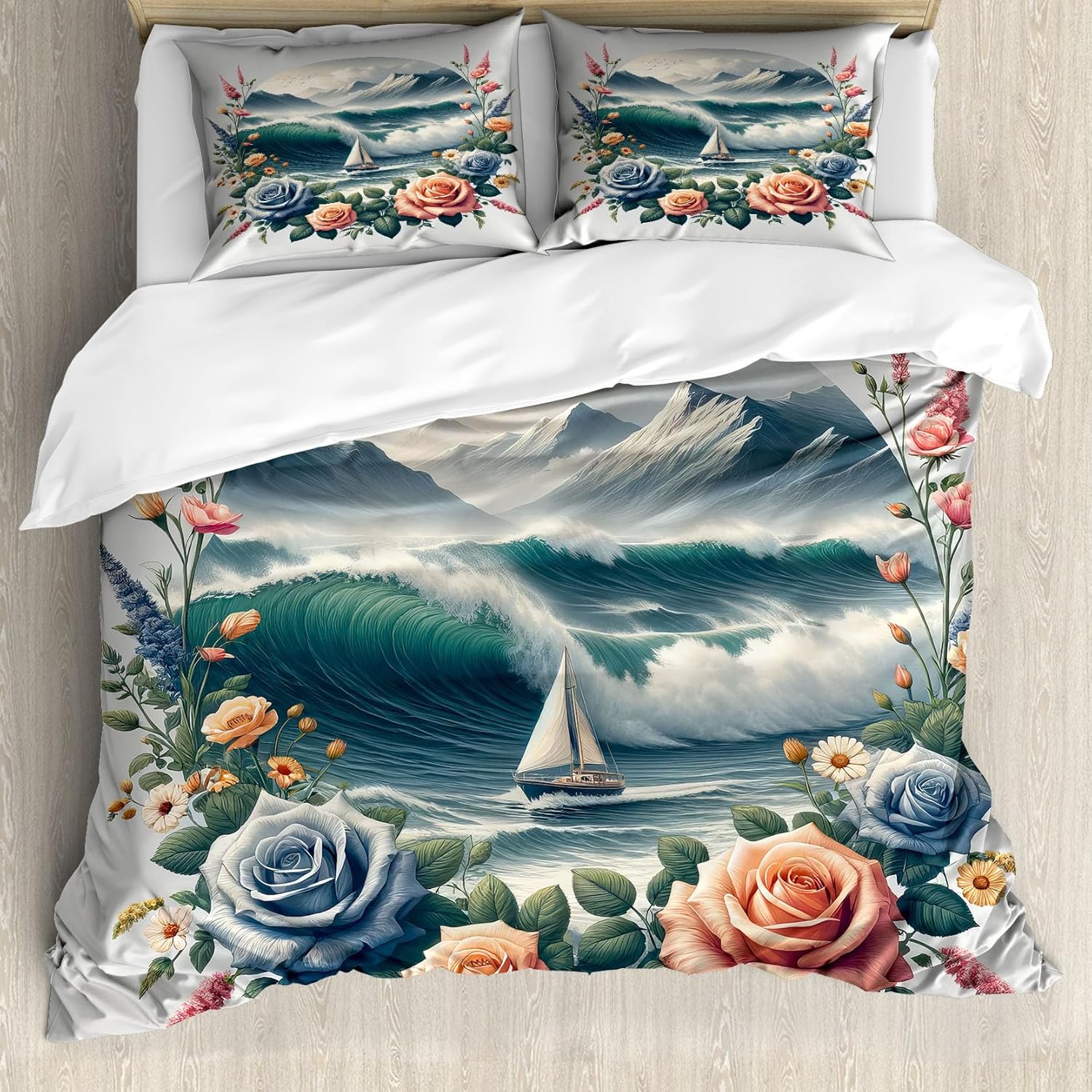 Ambesonne Nautical Duvet Cover Set, Anchor with Whales and Compass Windrose Mandala Retro Abstract Influences, Decorative 3 Piece Bedding Set with 2 Pillow Shams, Queen Size, Petrol Blue Beige