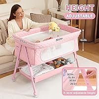 Vista 2 de Bedside Bassinet for Baby, Easy to Assemble Portable Bassinet for Newborn with Storage Basket, Lockable Wheels & Soft Mattress, Adjustable Height