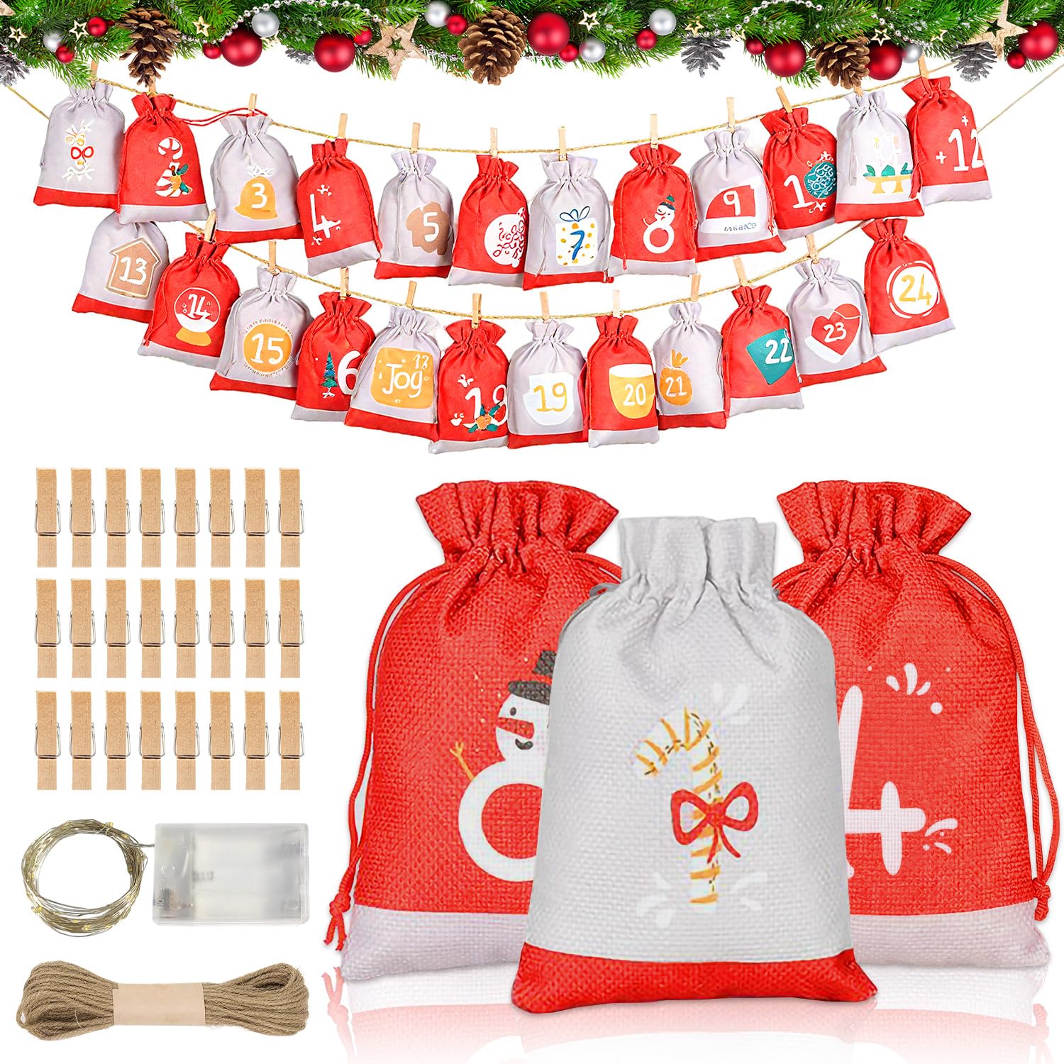 2025 Advent Calendar Gift Bags, Fill Your Own Advent Calendar, Reusable Make Your Own Advent Calendar, Christmas Advent Hanging with 24 Red Storage Bag Xmas Tree Door Window Gifts Décor.