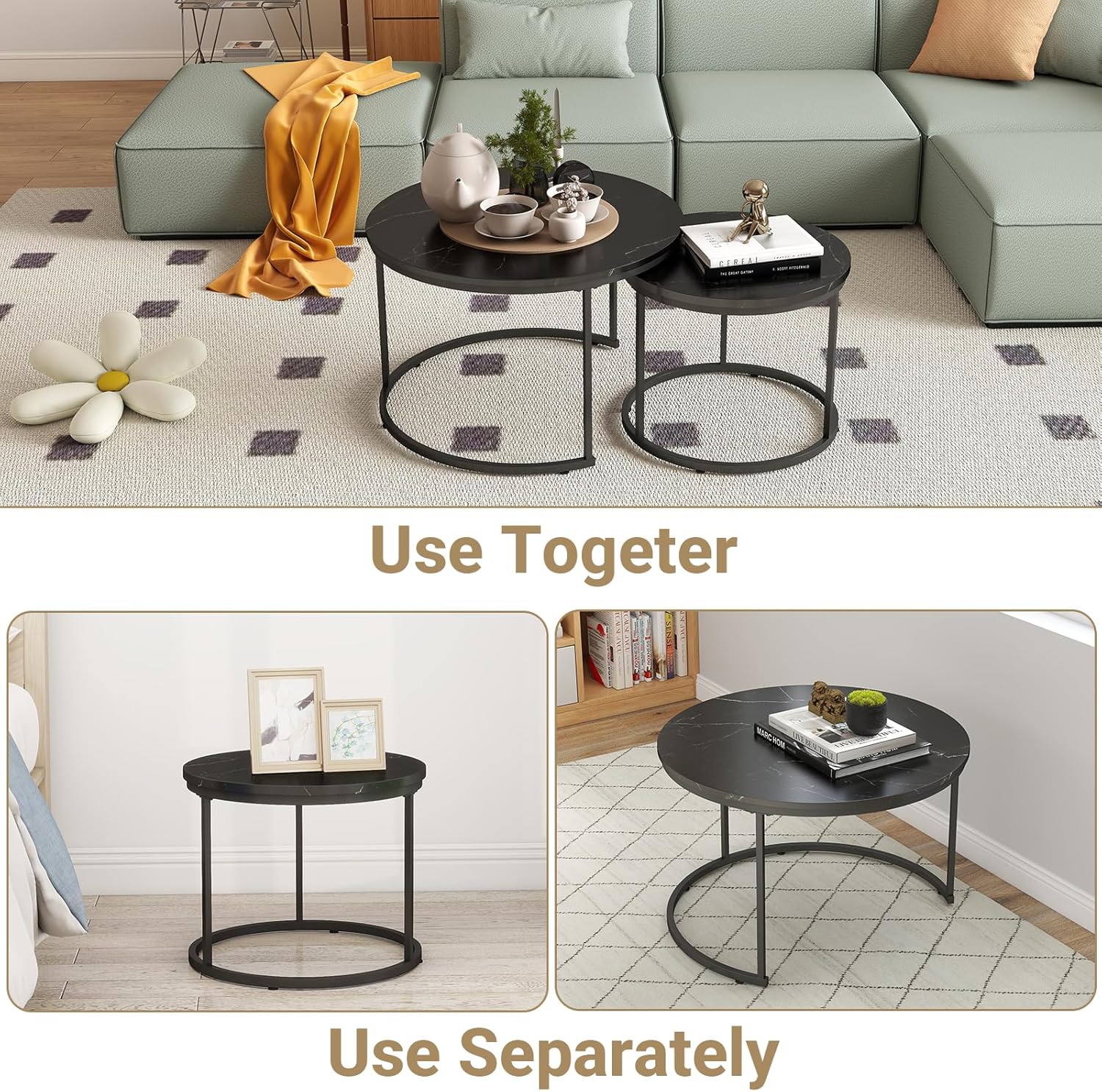 Small Coffee Table Round, Wood Nesting Coffee Table Set 27.6” with Marble Pattern Circle Table for Living Room, Bedroom, Patio, Yard (Black)