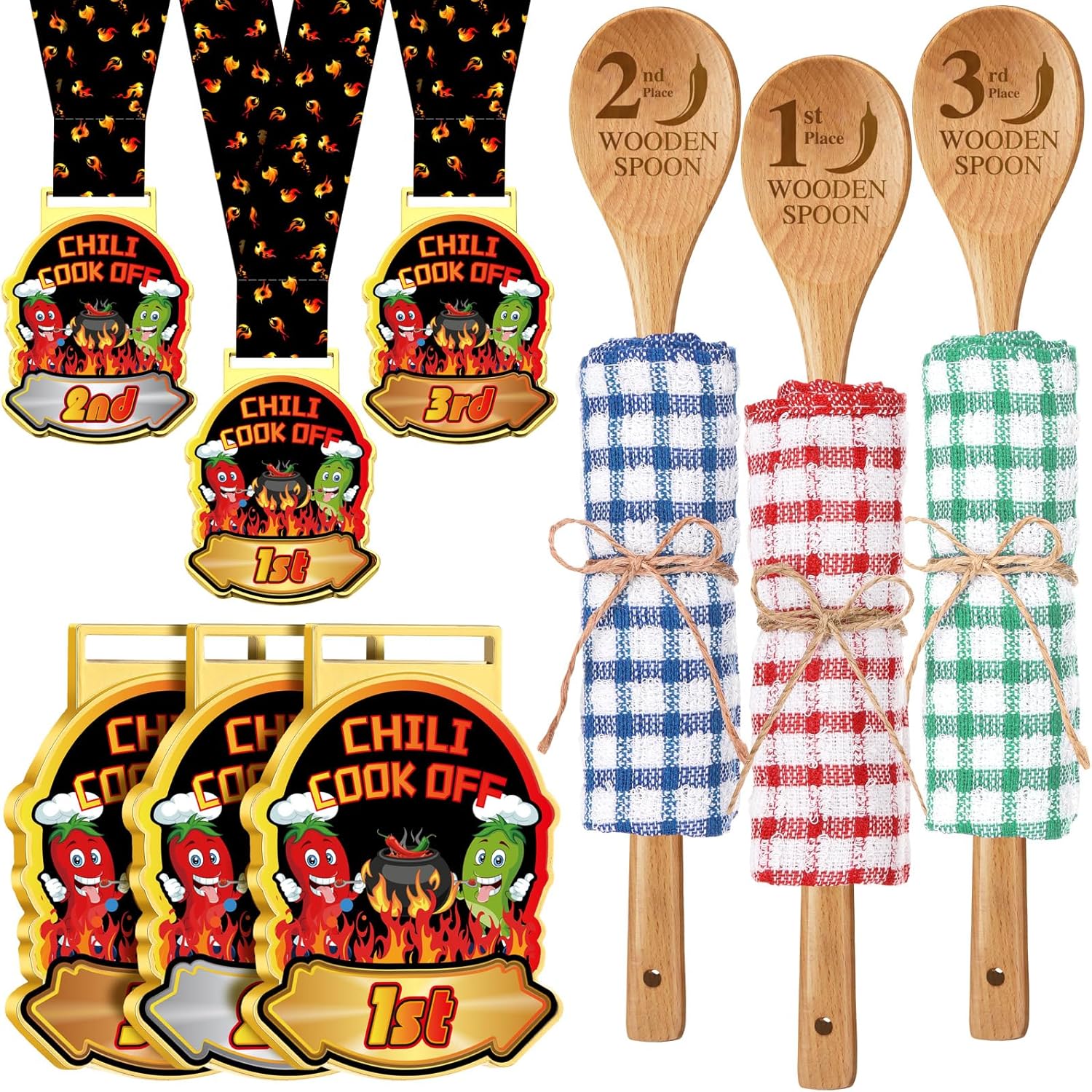 Quelay 9 Pcs Chili Cook off Trophies Prizes Set 1st 2nd 3rd Place Metal Medals Wooden Spoons for Cooking Cotton Towels Chili Cook off Decorations Cooking Gifts for Men Women Festivals Supplies