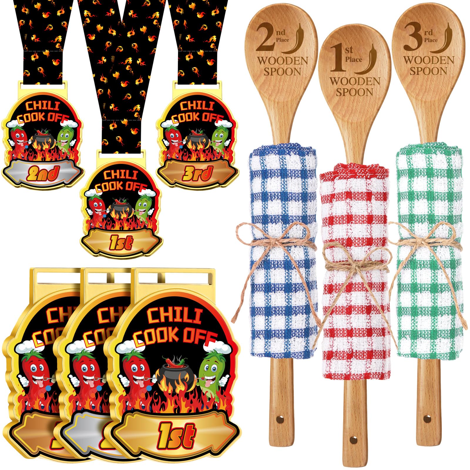 Set Premi Per Concorso Chili – 3 Cucchiai In Legno Incisi 1°,2°,3° Con Strofinacci E Ciondoli, In Scatola Regalo - 3