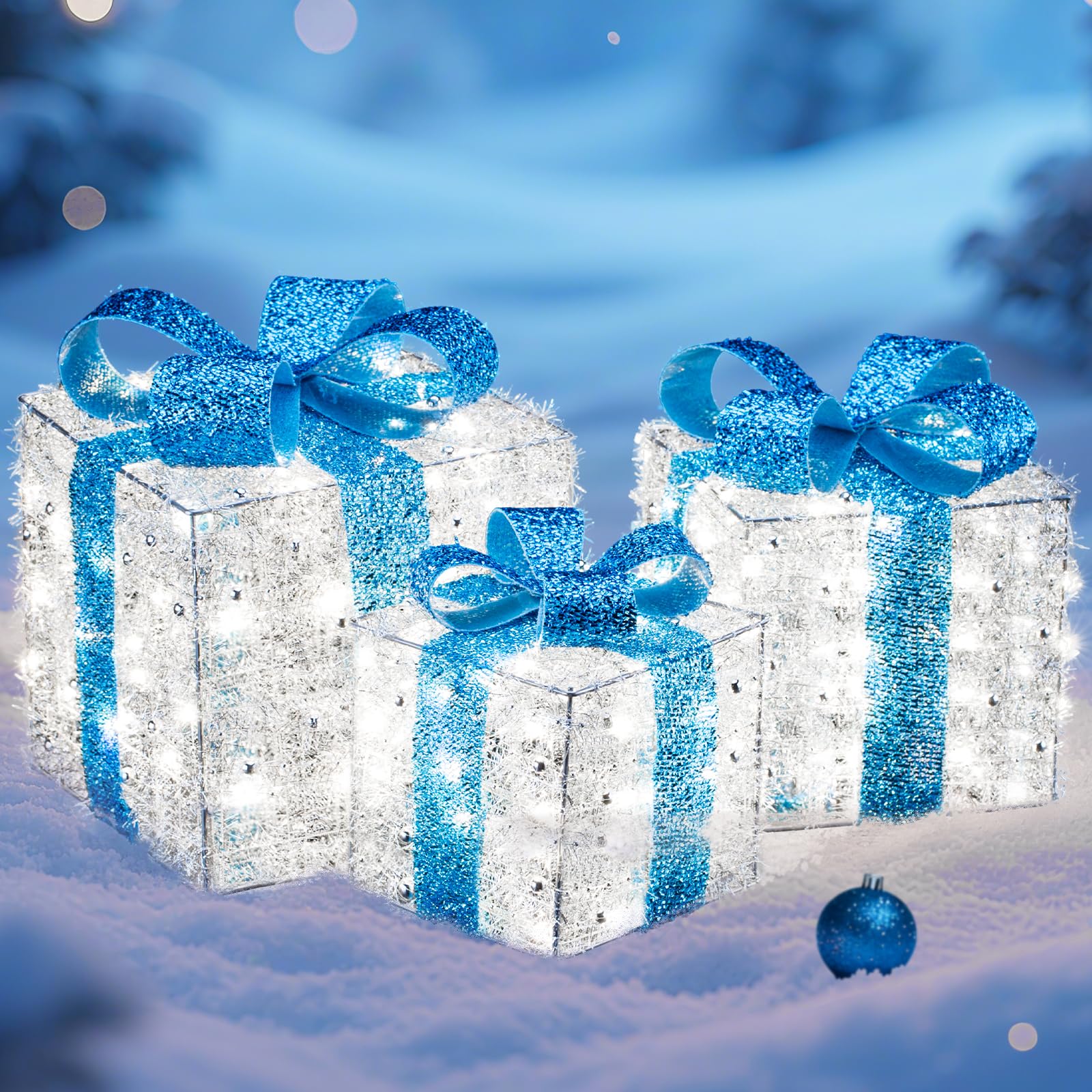 Christmas Decorations, 140 LEDs Set of 3 Lighted Gift Boxes with Silver Tinsel and Bows, Warm White Present Boxes for Indoor Outdoor Holiday Party Yard Bedroom Home Xmas Decor: Blue