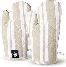 Encasa XO Heat Resistant Cotton Oven Gloves (Set of 2) - Safe for Cooking, Cooking and Baking, Handling Hot Pots - 18 x 30 cm Franca Beige Stripes