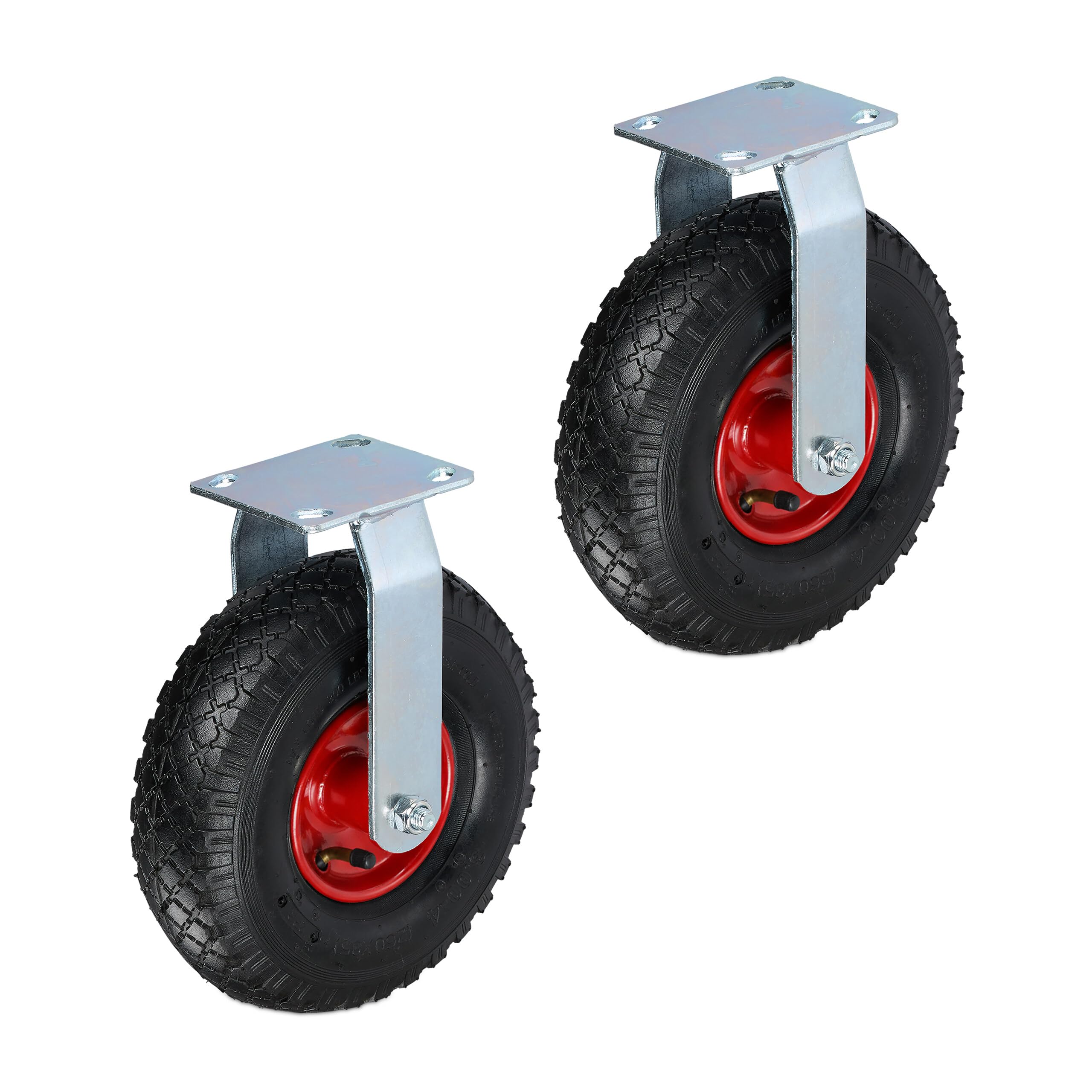 Relaxdays Bockrollen 2er Set, luftbereift 3.00-4, Schwerlastrad, Transportrolle mit Stahlplatte, bis 120 kg, schwarz/rot