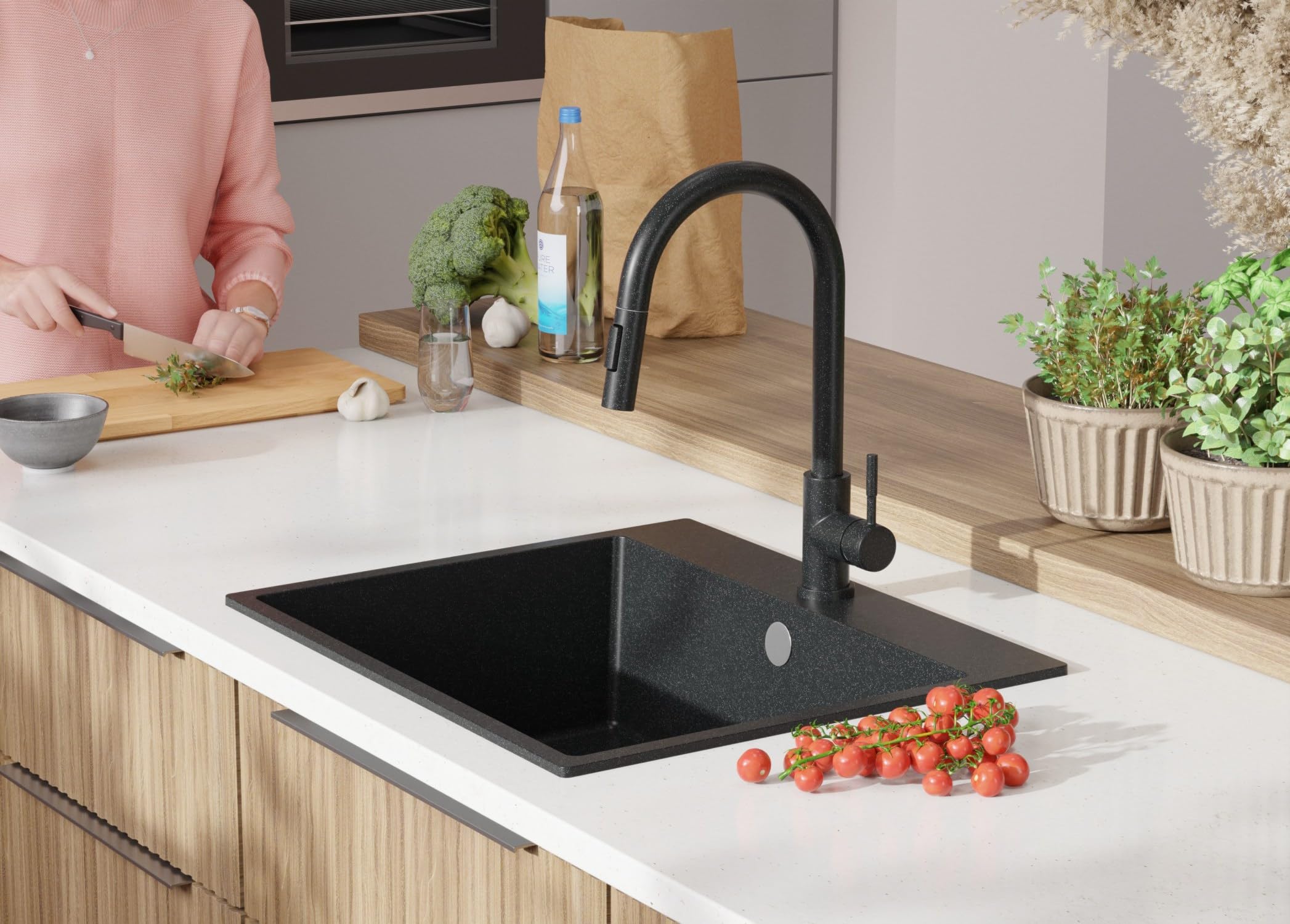 PRIMAGRAN Fregadero Cocina Grafito - Riga, 58x50cm | Granito 1 Seno + Sifón, sobre Encimera al Mueble 60cm (S307)