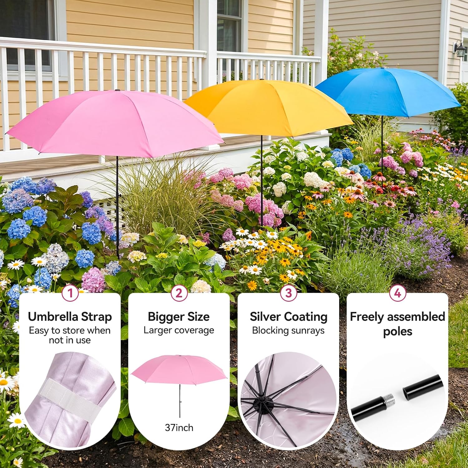 34.5" Large Plant Umbrellas for Outdoor Plants, 3 Pack Extra Wide Garden Umbrella Shade with Adjustable Height (32" or 43.4"), Plant Shades for Potted Plants, Veggies, Flowers,Pink/Blue/Yellow