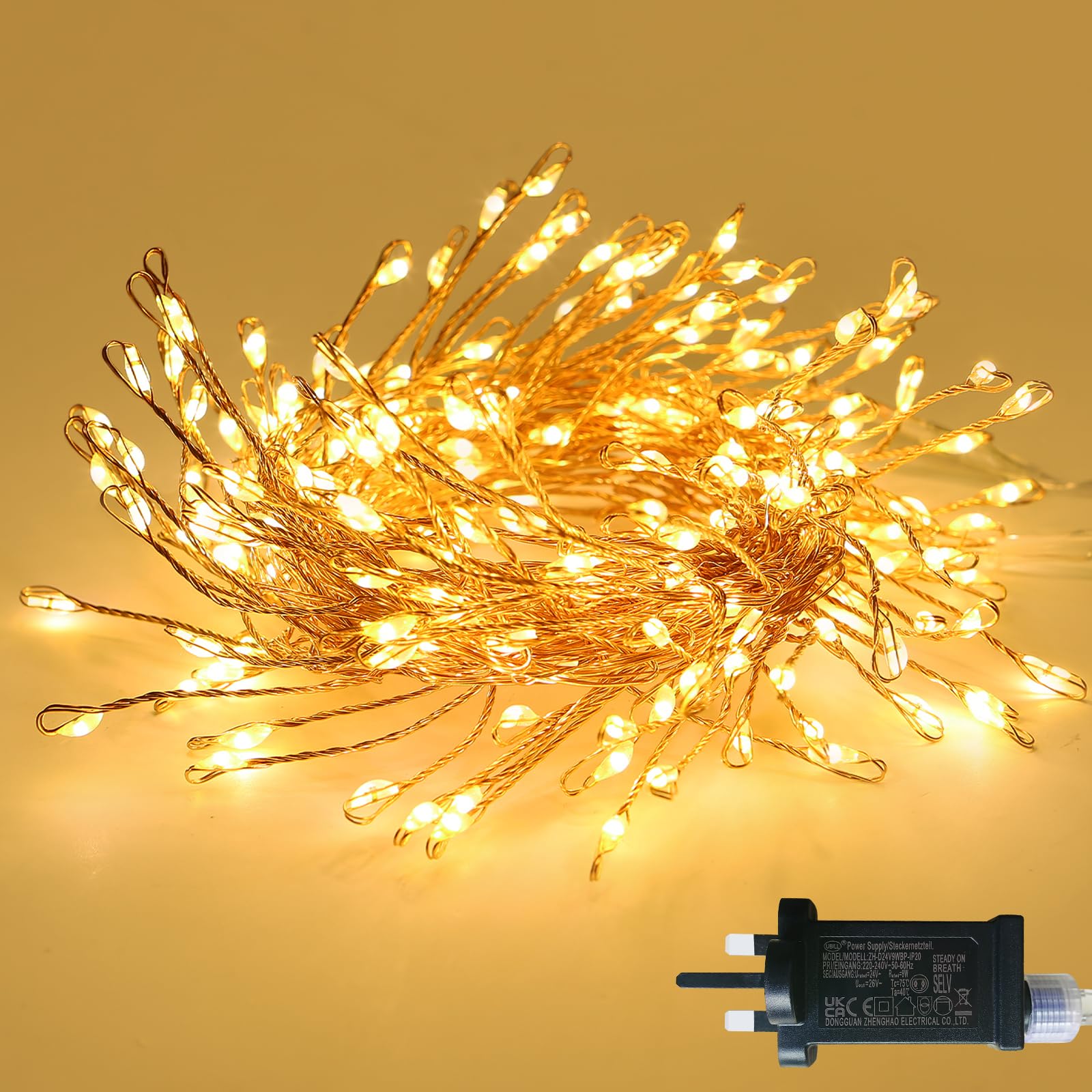 KBH Fairy Lights Cluster Lights on Copper Wire. Warm White Cluster Lights.Static - Firefly Flicker Pattern,Suitable for bedrooms Outdoors and can be Edited to Favorite Pattern (10FT, 200LED Escalate)