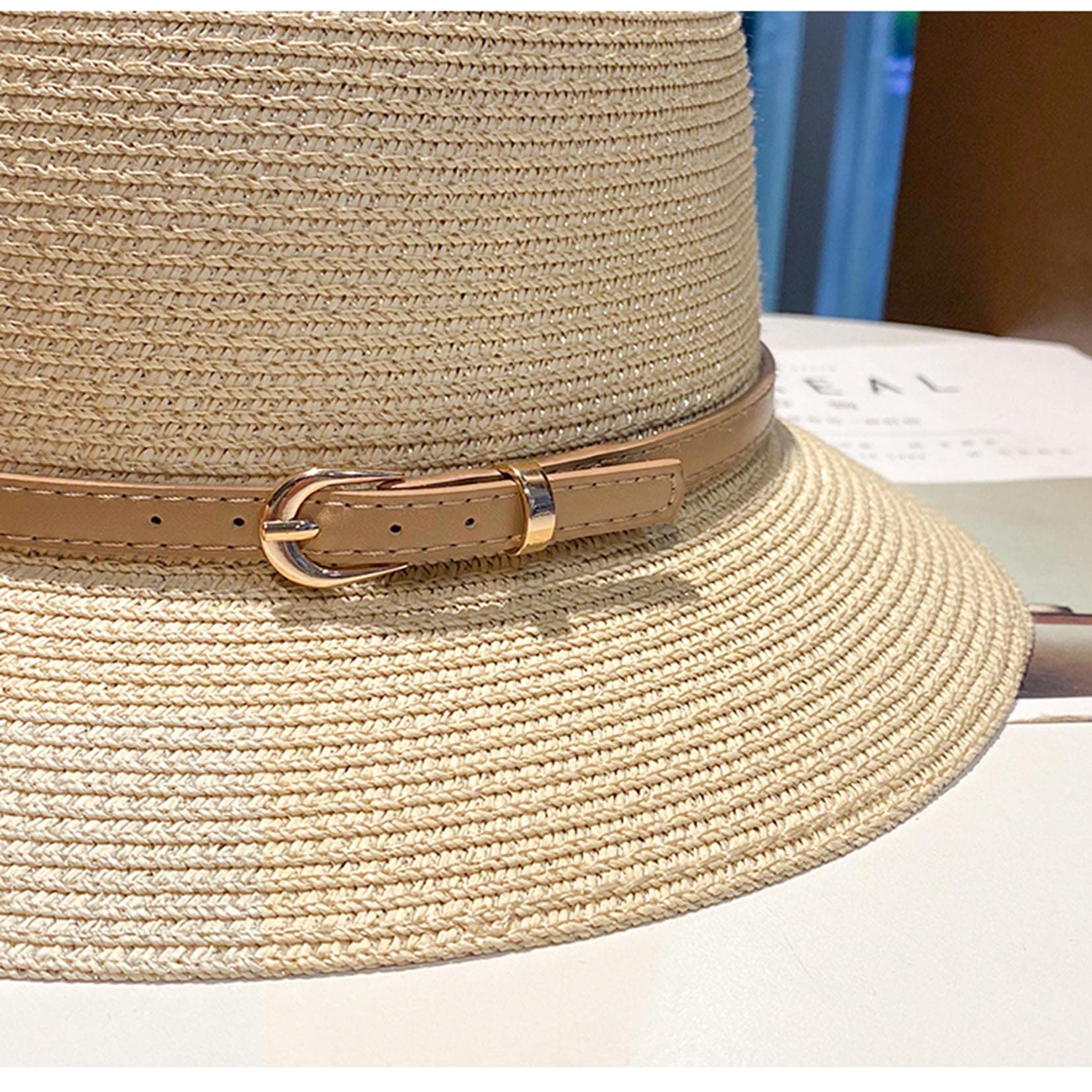 Women Wide Big Eaves kapelusz plażowy słomkowy Panama Roll -Up -kapelusz - klamra do paska Fedora kapelusz przeciwsłoneczny na plażę