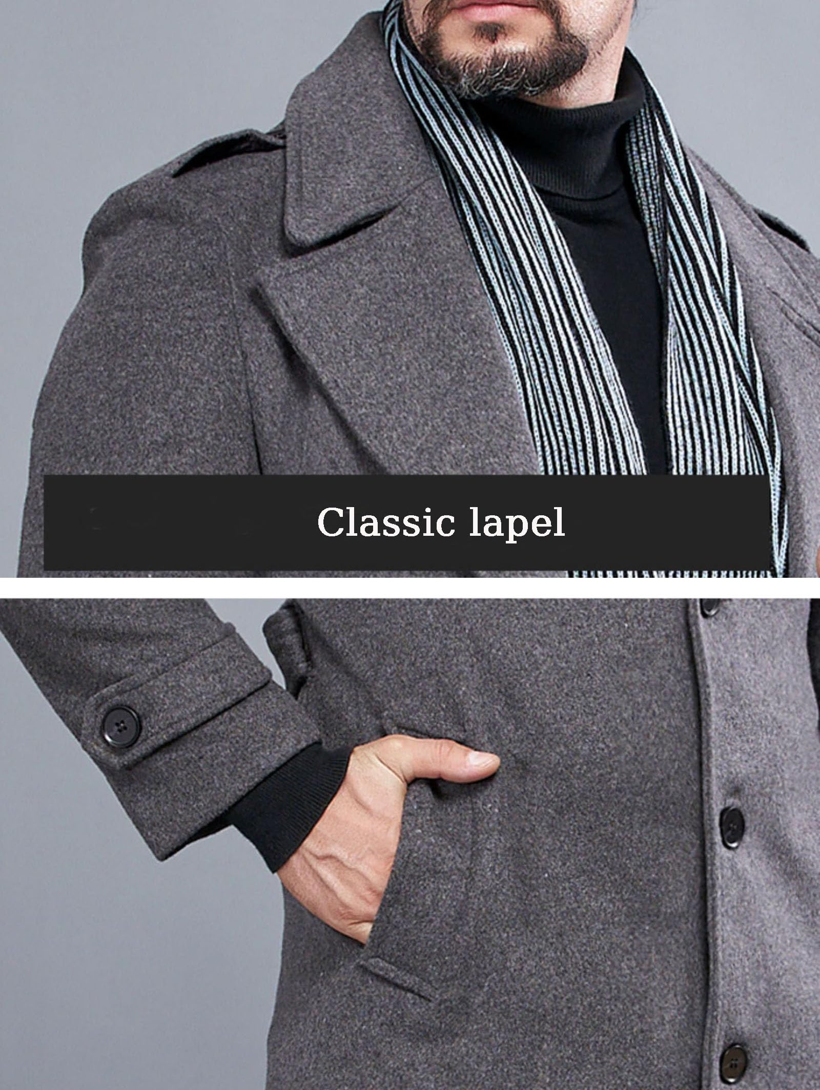Trench Lungo da Uomo in Misto Lana, Monopetto, con Collo A Tacca, Stile Business, con Cintura,Dark Blue,L