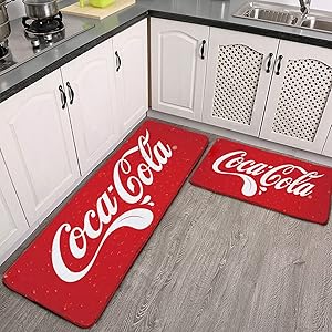 Coca_Cola Tongue 2 Pieces Kitchen Flannel Rugs and Mats Set Water Absorb Non-Slip Kitchen Carpet Washable Microfiber Bathroom Mat Doormat Carpet