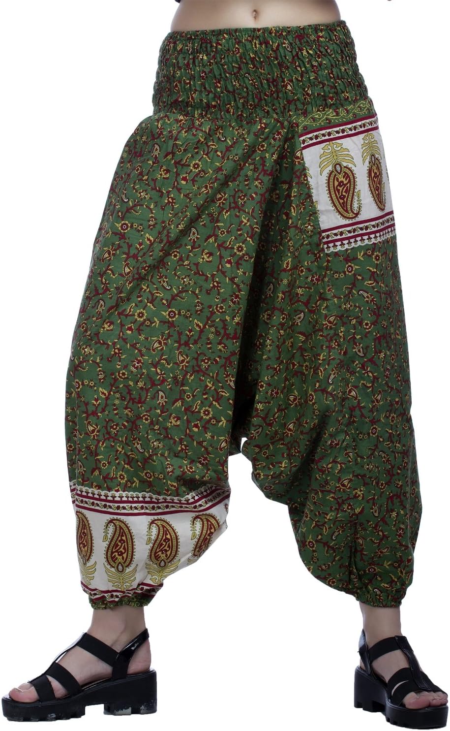 Indi Bargain Women's Cotton Printed Alibaba Low Crotch Afghani Trouser Convertible Stretchable Jumpsuit (303, Green Print, Free Size)