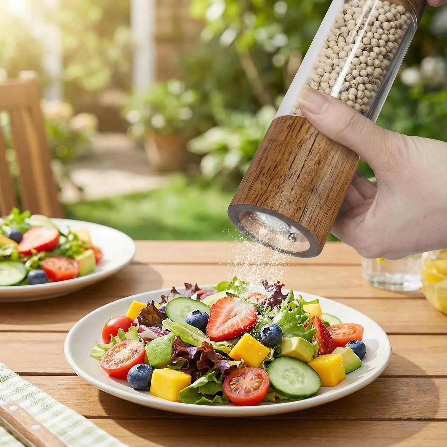Premium Acrylic Salt and Pepper Grinder Set - Wooden Body with Adjustable Ceramic Wristband - Manual Salt and Pepper Grinder - 8 Inch - 2 Pieces