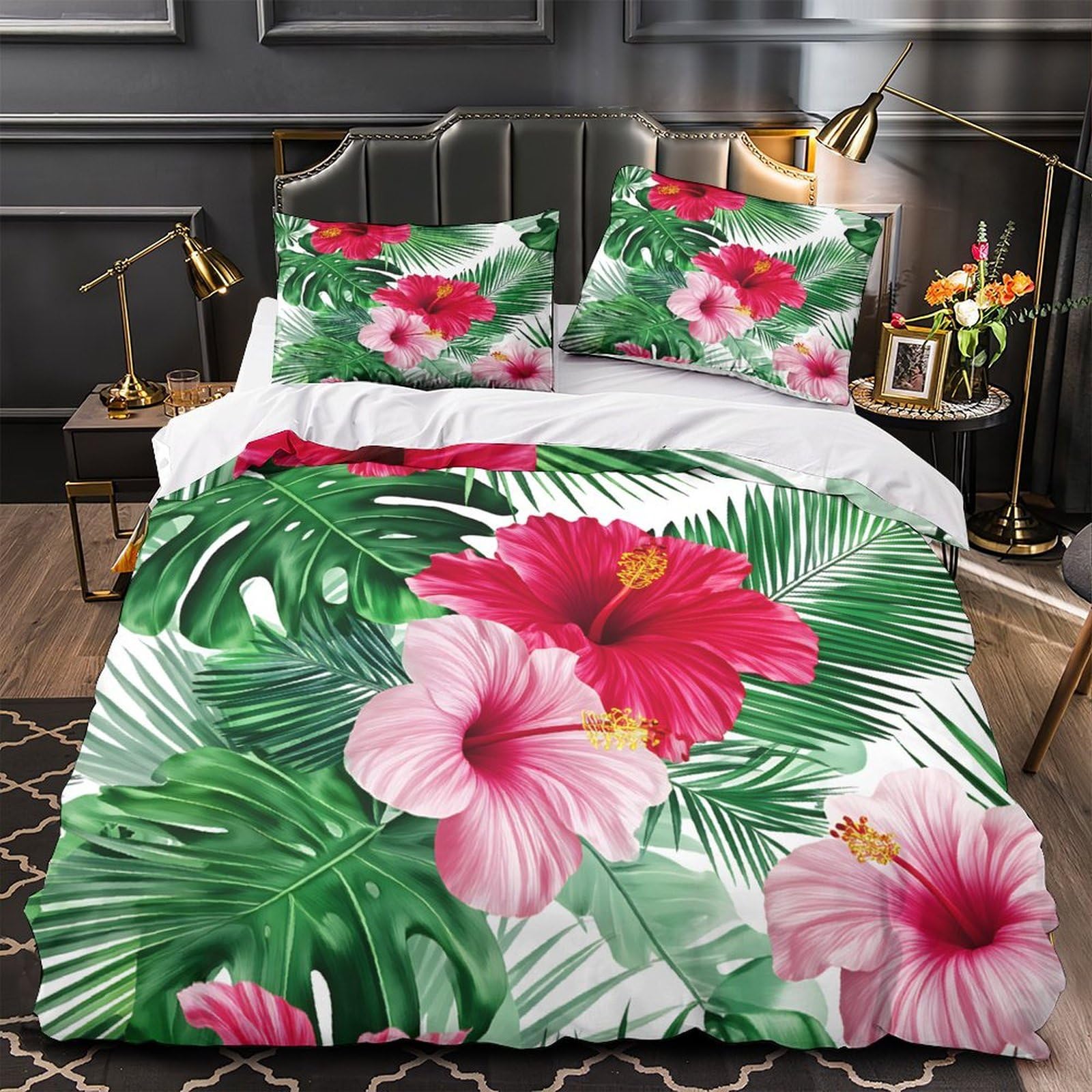 Housse de couette fleurs tropicales 140x200 parure lit microfibre