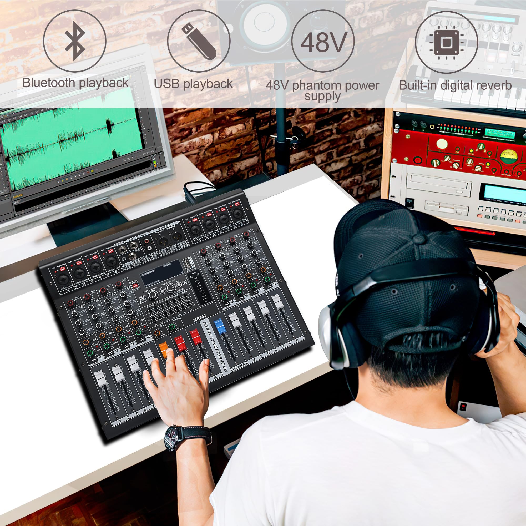 Table de mixage audio 8 canaux, table de mixage DJ avec amplificateur de puissance, carte son audio avec alimentation fantôme 48 V, interface audio USB, tableau de mixage de sons avec effet